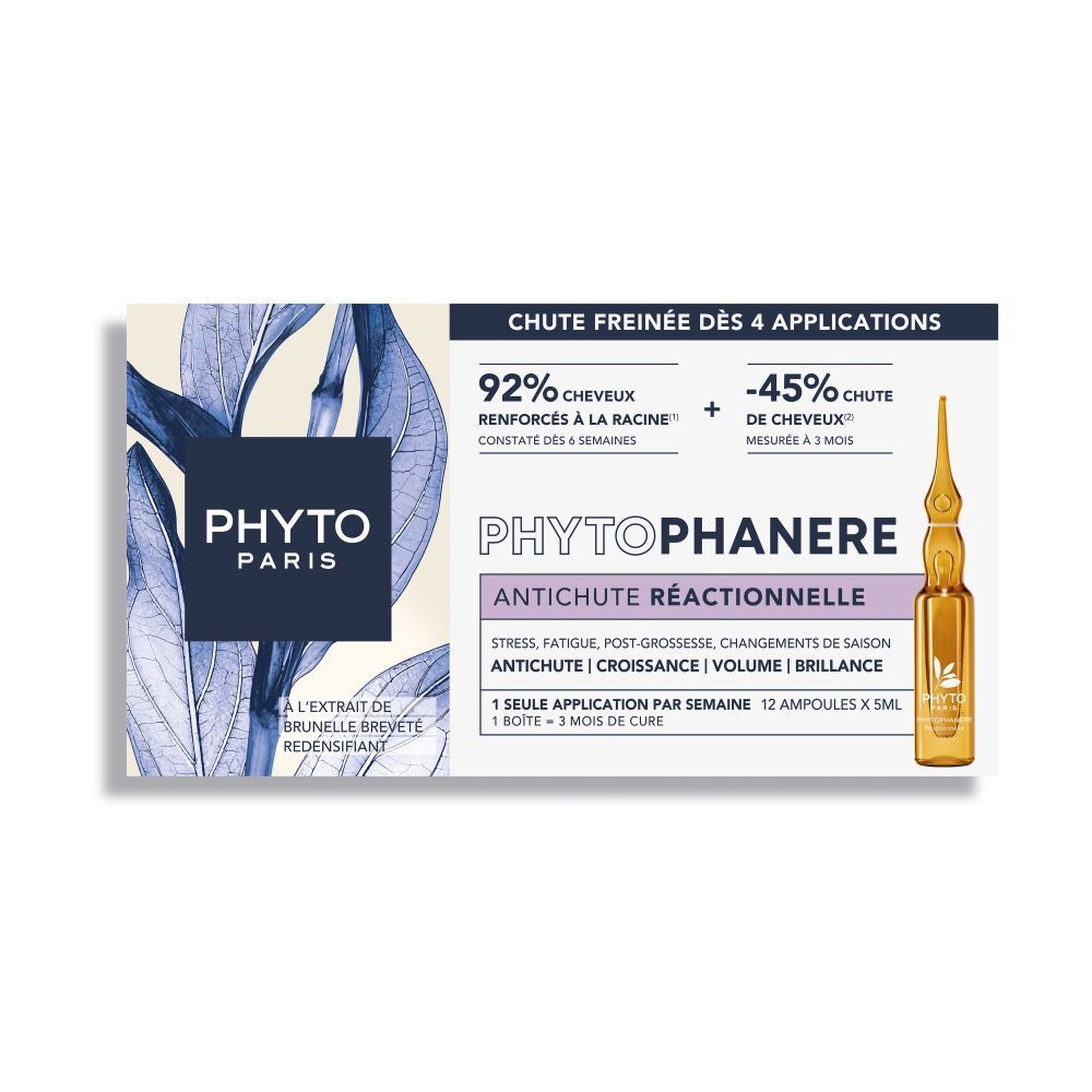 Boîte de Phyto Paris Phytophanere. Texte: Antichute Réactionnelle, 92% cheveux renforcés, -45% chute de cheveux.