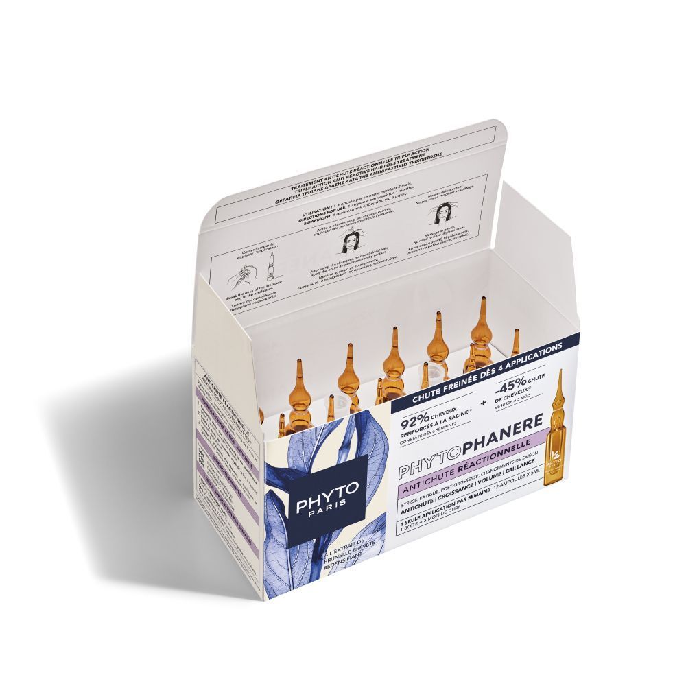 Boîte ouverte de Phyto Paris Phytophanere. Montre des ampoules. Texte: Antichute Réactionnelle, 12 ampoules.