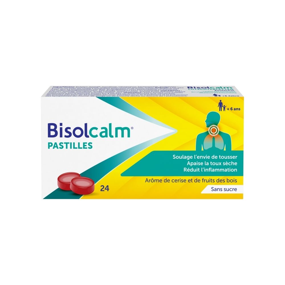 Boîte de 24 pastilles Bisolcalm, sans sucre, arôme cerise et fruits des bois.