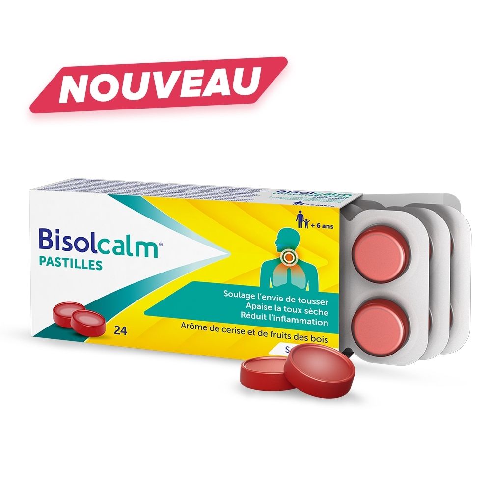 Boîte de 24 pastilles Bisolcalm, sans sucre, avec illustration de symptômes de toux.