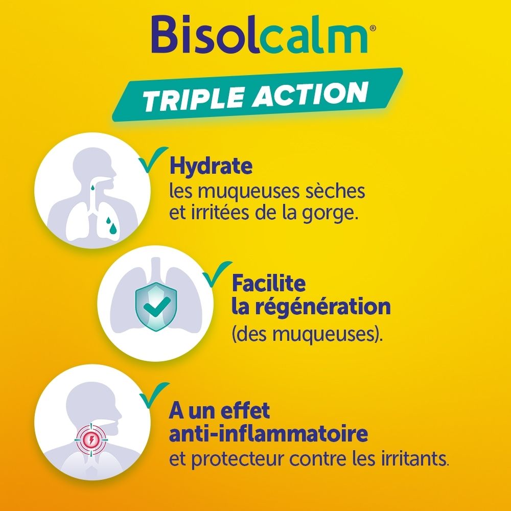 Boîte de 24 pastilles Bisolcalm, sans sucre, avec mention d'ingrédients naturels.