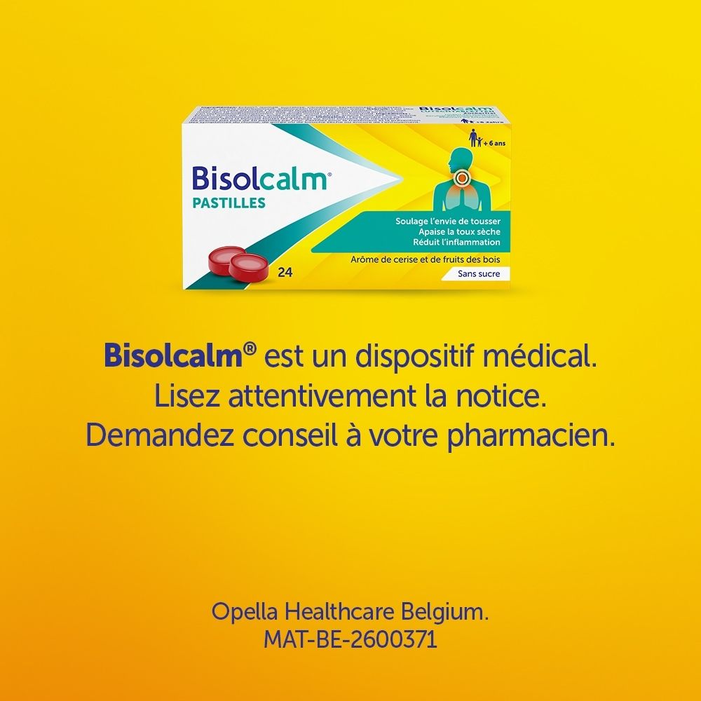 Boîte de 24 pastilles Bisolcalm, sans sucre, avec illustration de soulagement de la toux.