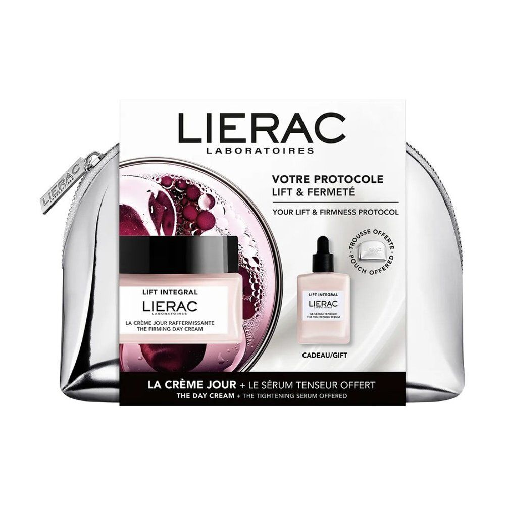 Coffret cadeau cosmétique. Contient une crème de jour et un sérum. Emballé dans une trousse argentée.