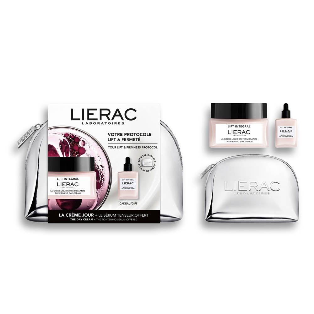 Coffret cadeau cosmétique. Contient une crème de jour, un sérum et une trousse.