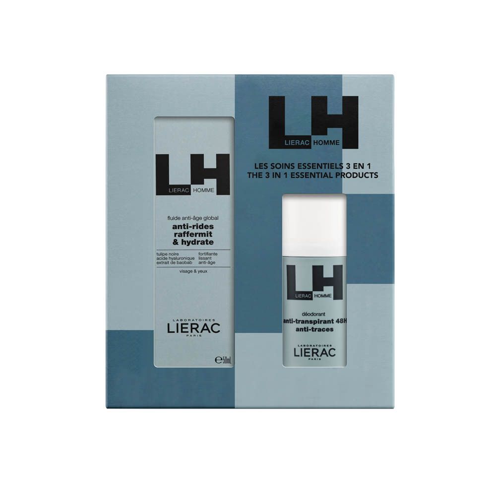 Coffret cadeau avec fluide anti-âge et déodorant. Logo LH et noms des produits visibles. Tons bleu-gris.