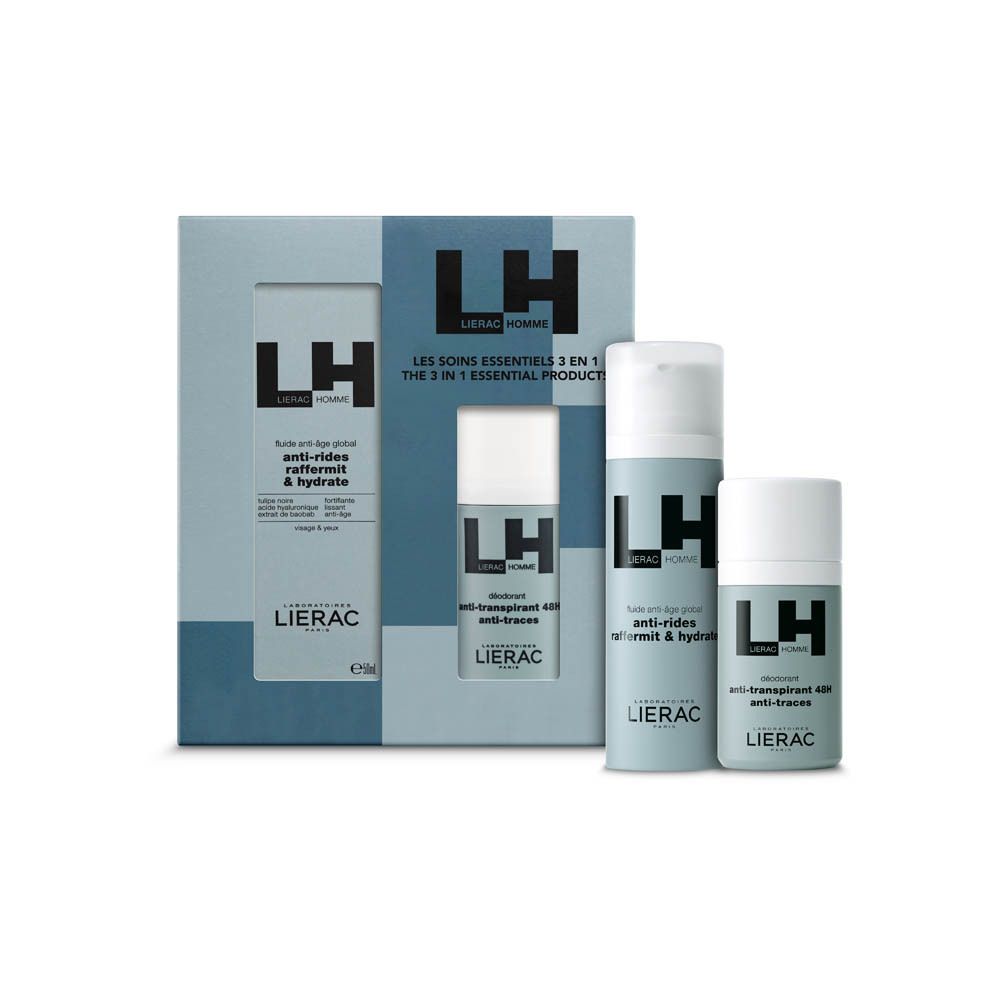 Coffret cadeau avec fluide anti-âge et déodorant. Logo LH et noms des produits visibles. Produits supplémentaires.