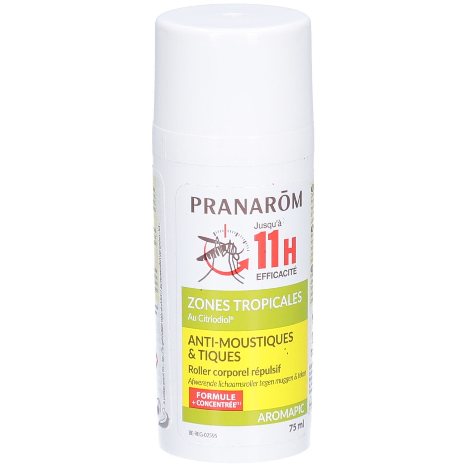 Roll-on blanc avec étiquette verte. Texte: Pranarôm, jusqu'à 11H efficacité, Zones tropicales, Anti-Moustiques & Tiques, Aromapic.