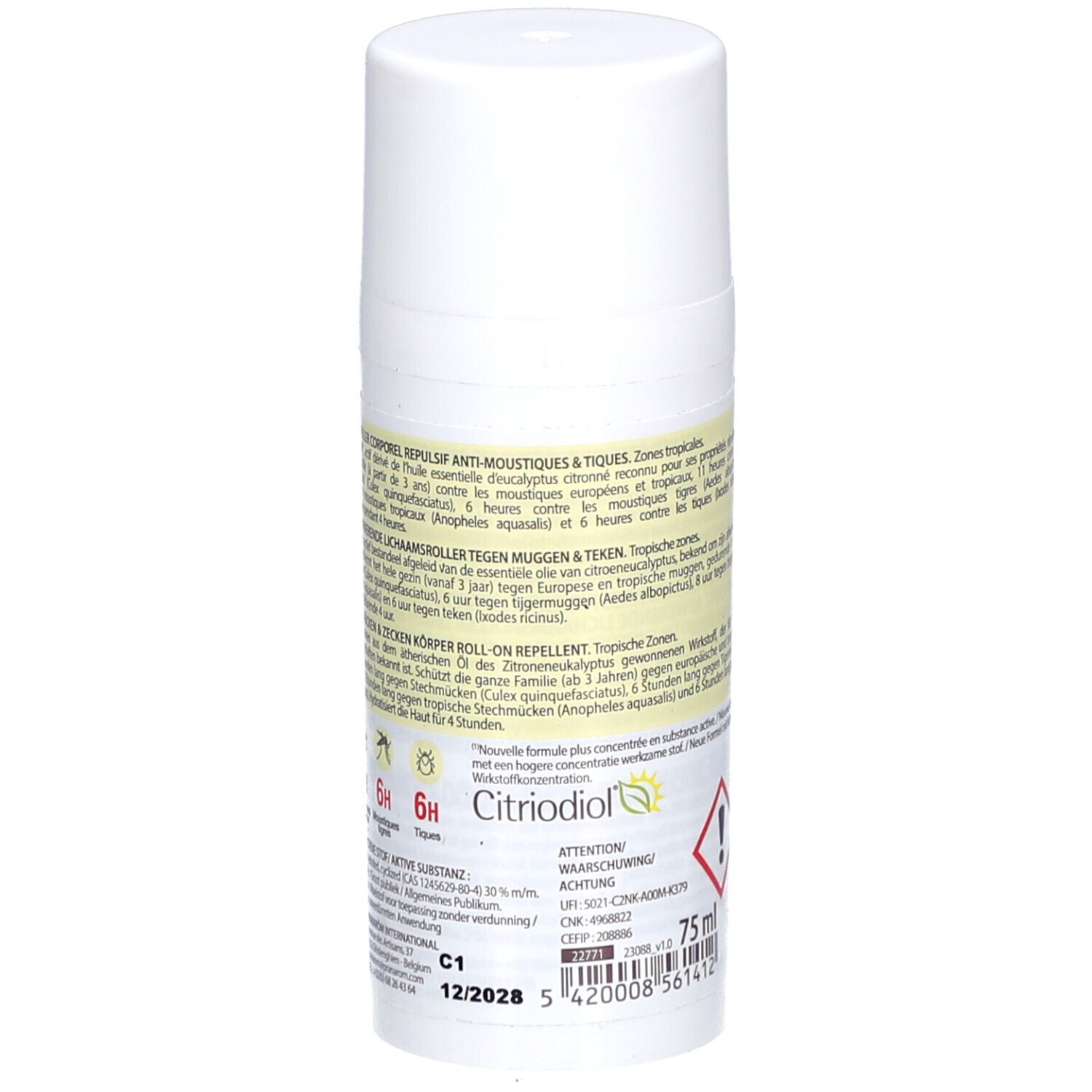 Dos du roll-on. Texte: 75 ml, avertissement, informations sur les ingrédients et l'utilisation.