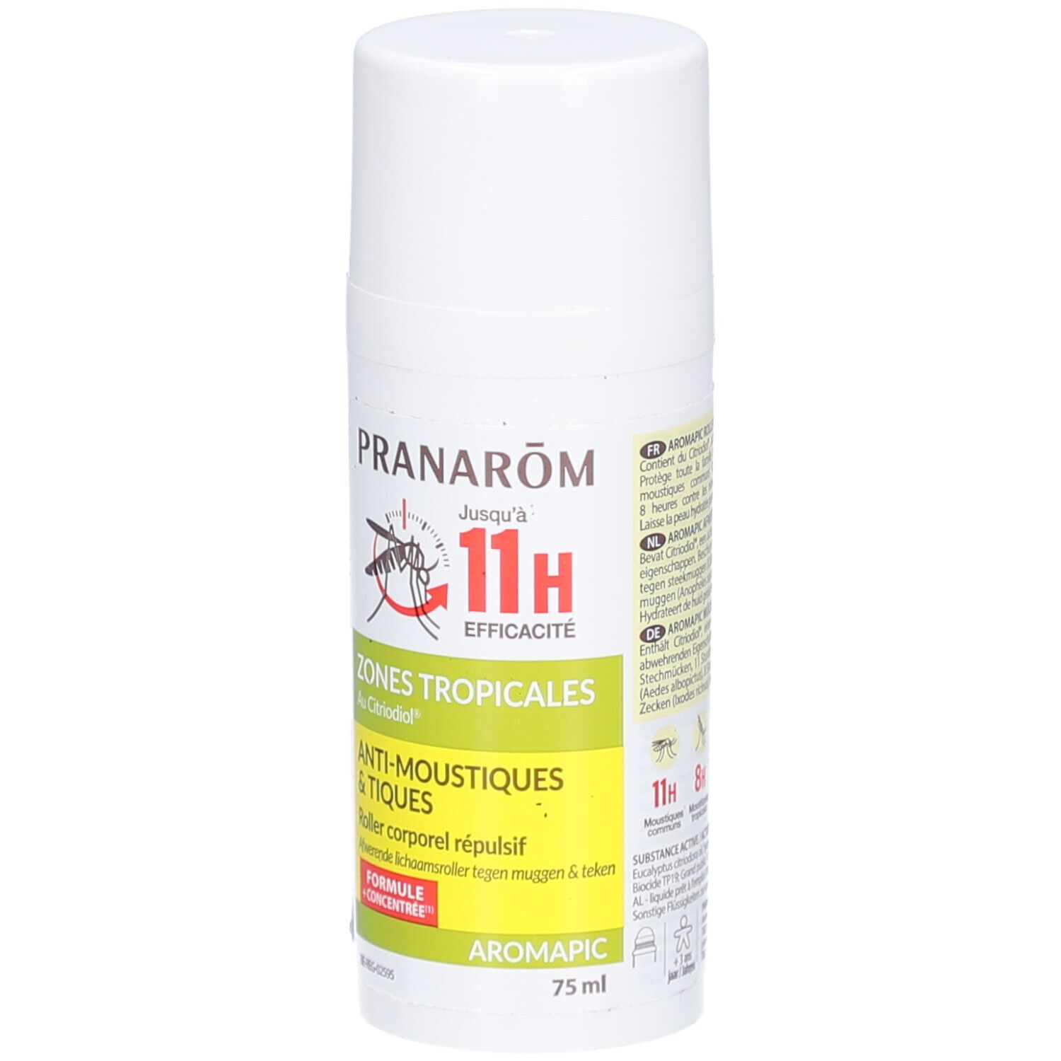 Roll-on blanc avec étiquette verte. Texte: Pranarôm, jusqu'à 11H efficacité, Zones tropicales, Anti-Moustiques & Tiques, Aromapic.
