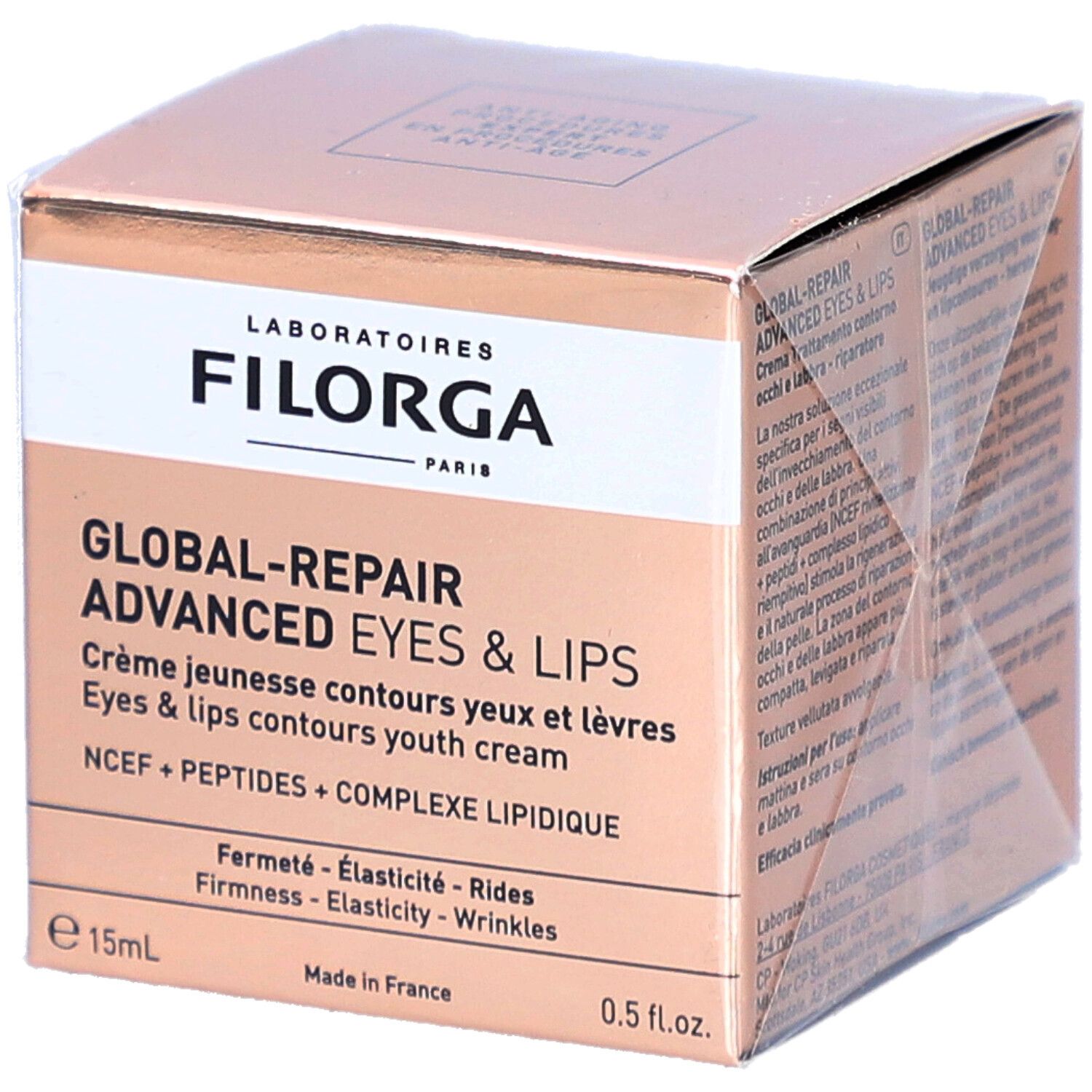 Filorga Global-Repair Advanced Eyes & Lips. Boîte rose-doré. Inscriptions et informations produit visibles sur l'emballage.
