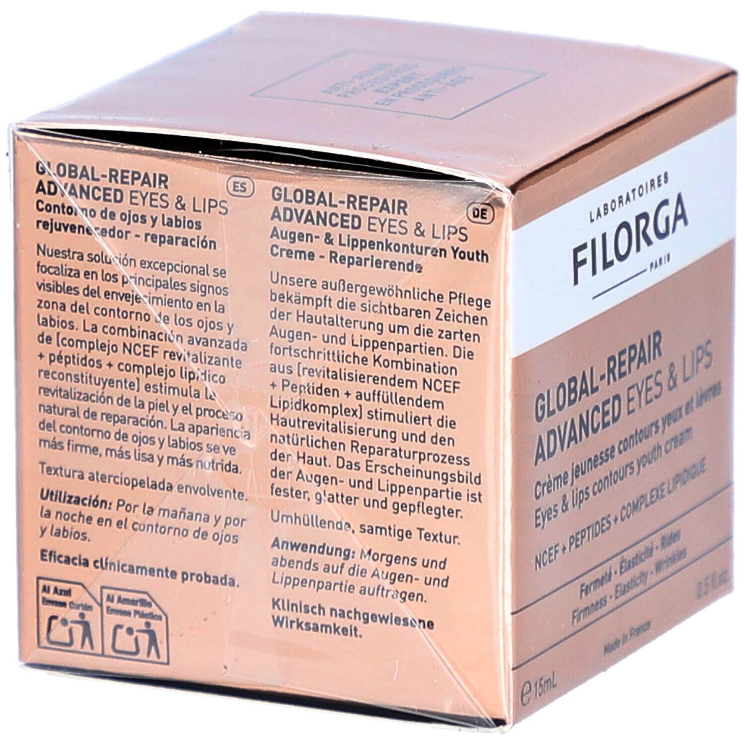 Filorga Global-Repair Advanced Eyes & Lips. Boîte avec informations produit multilingues. Emballage rose-doré.