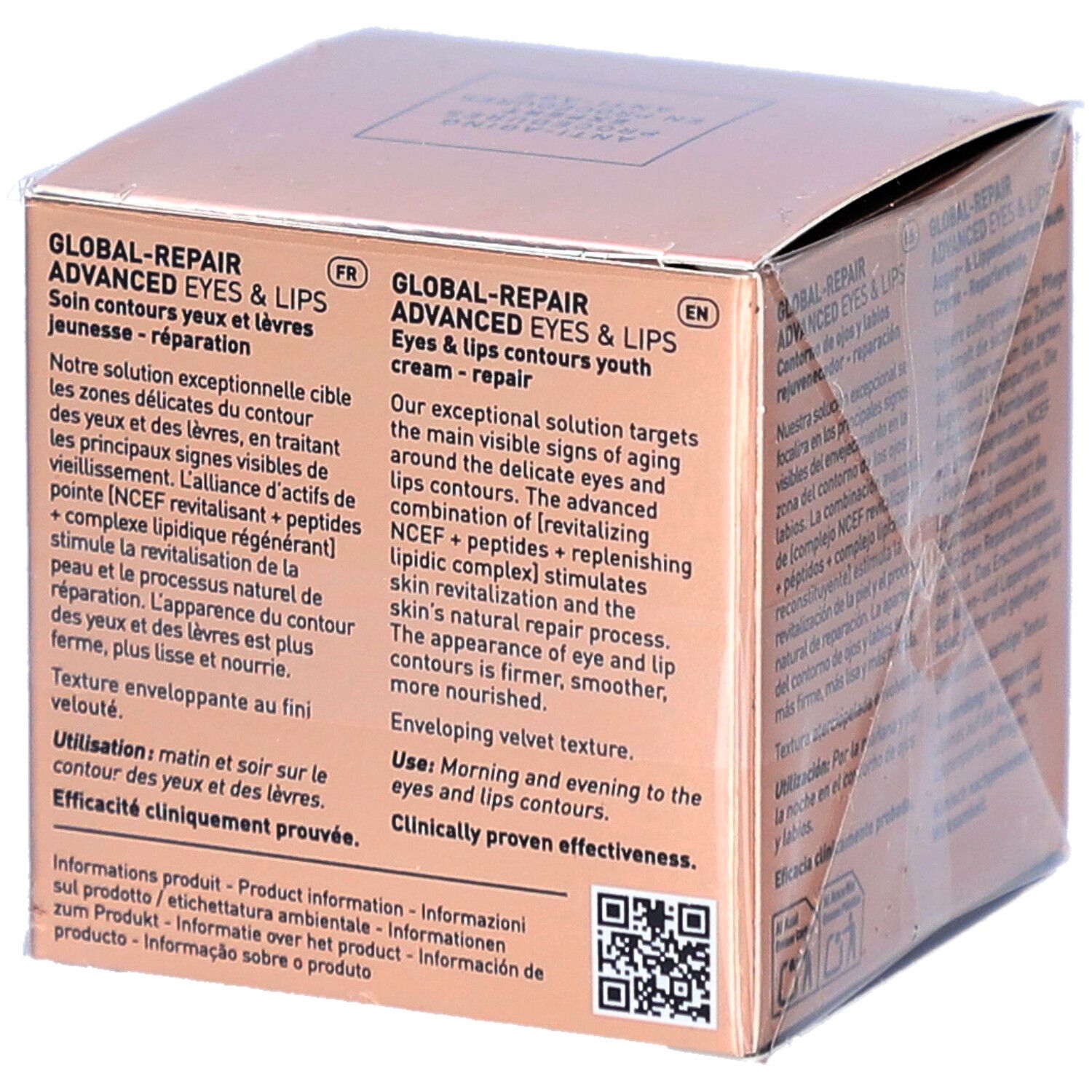 Filorga Global-Repair Advanced Eyes & Lips. Boîte avec informations produit multilingues. Emballage rose-doré.