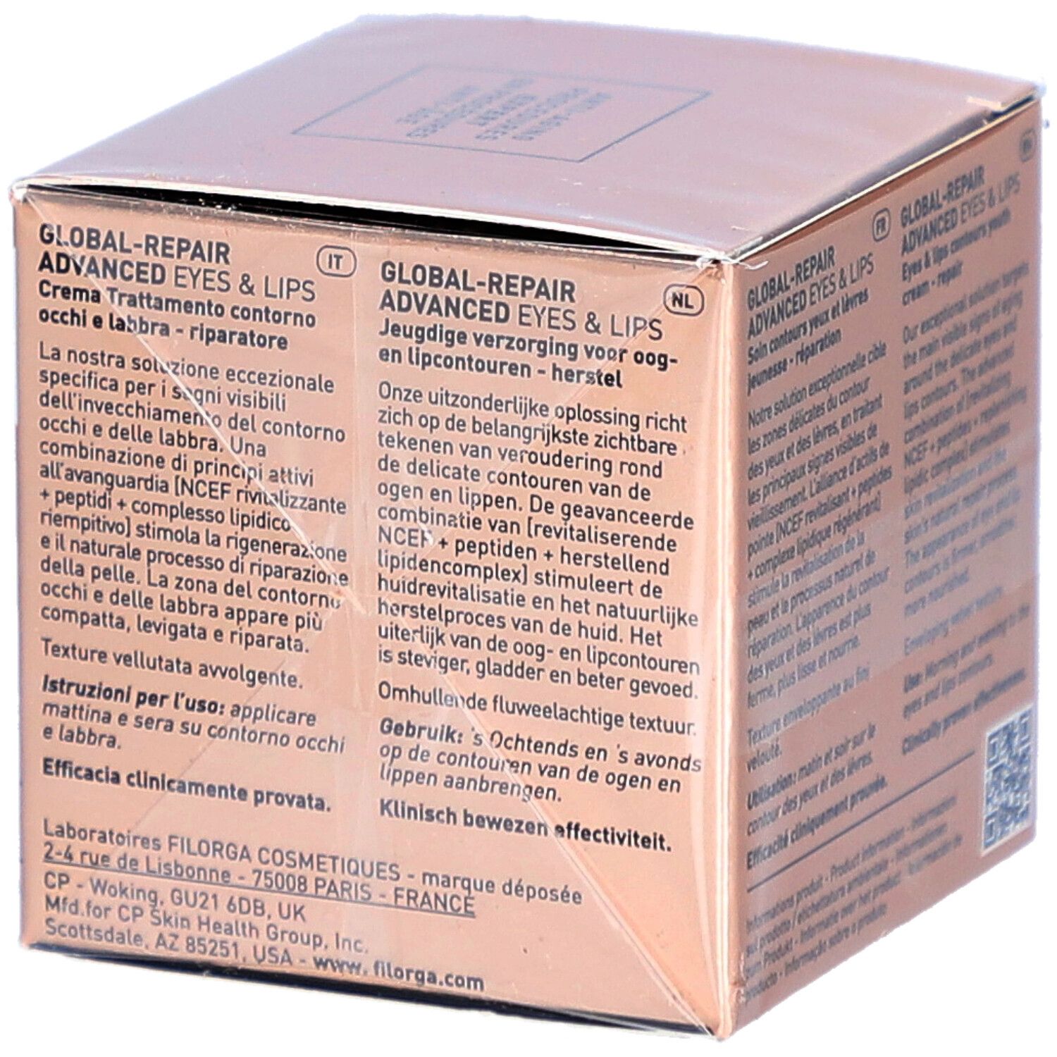 Filorga Global-Repair Advanced Eyes & Lips. Boîte avec informations produit multilingues. Emballage rose-doré.