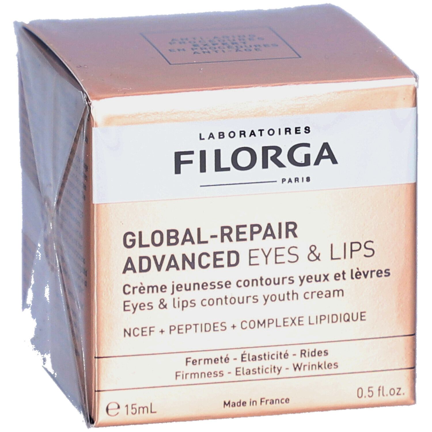 Filorga Global-Repair Advanced Eyes & Lips. Boîte rose-doré. Nom et informations du produit clairement visibles.
