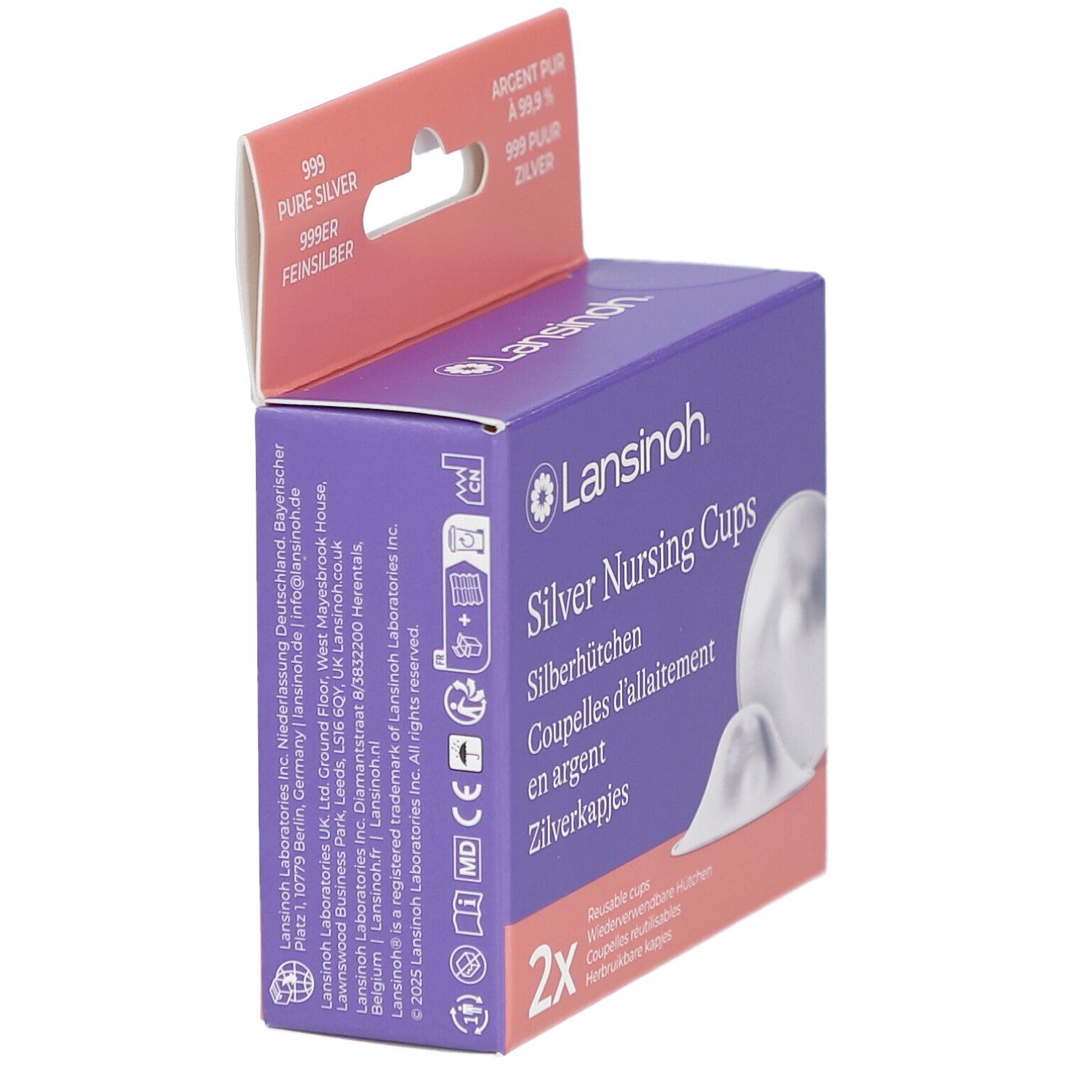 Boîte Lansinoh vue de côté. Nom du produit : Silver Nursing Cups. Contient deux coupelles d'allaitement en argent. Argent pur 999.