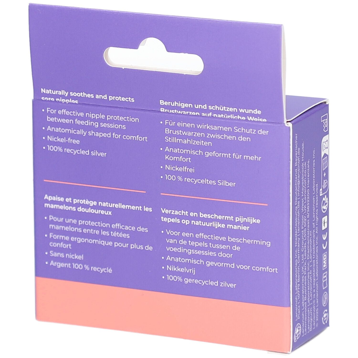 Dos de la boîte Lansinoh. Texte en allemand, français, italien et néerlandais. Description des caractéristiques du produit.