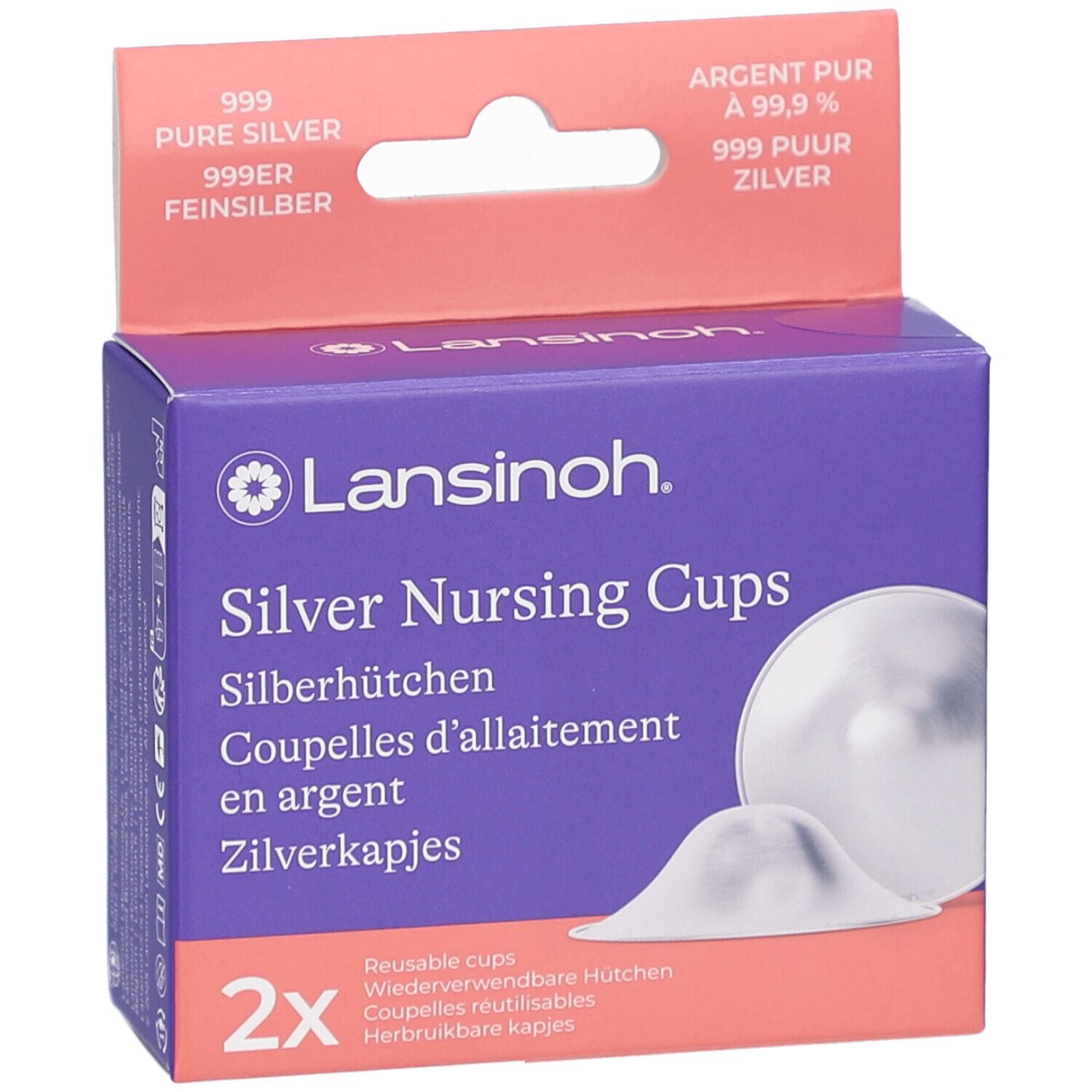 Boîte violette Lansinoh. Contient deux coupelles d'allaitement en argent. Inscription : Silver Nursing Cups. Argent pur 999.