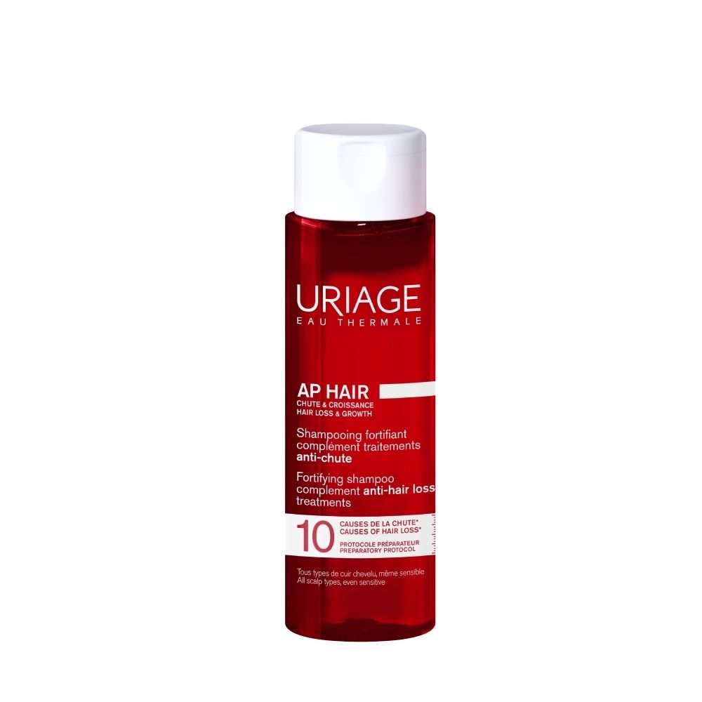 Shampooing fortifiant Uriage AP Hair, flacon rouge 200ml, pour la chute des cheveux.