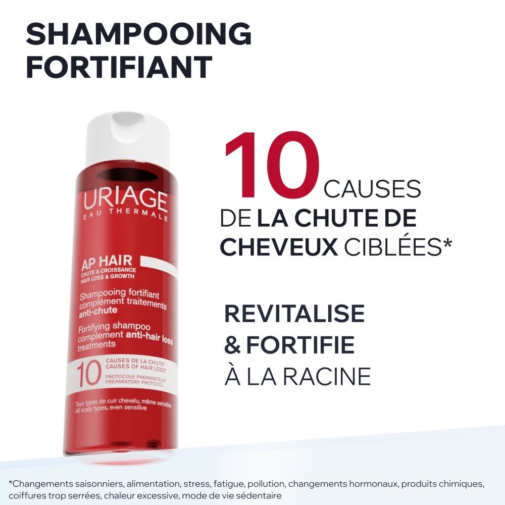 Shampooing fortifiant Uriage AP Hair, flacon rouge 200ml, pour la chute des cheveux.