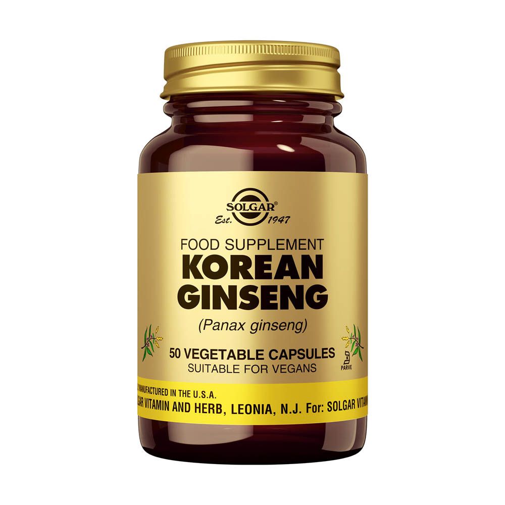 Flacon en verre brun avec couvercle doré. Étiquette avec "KOREAN GINSENG" et "50 VEGETABLE CAPSULES".