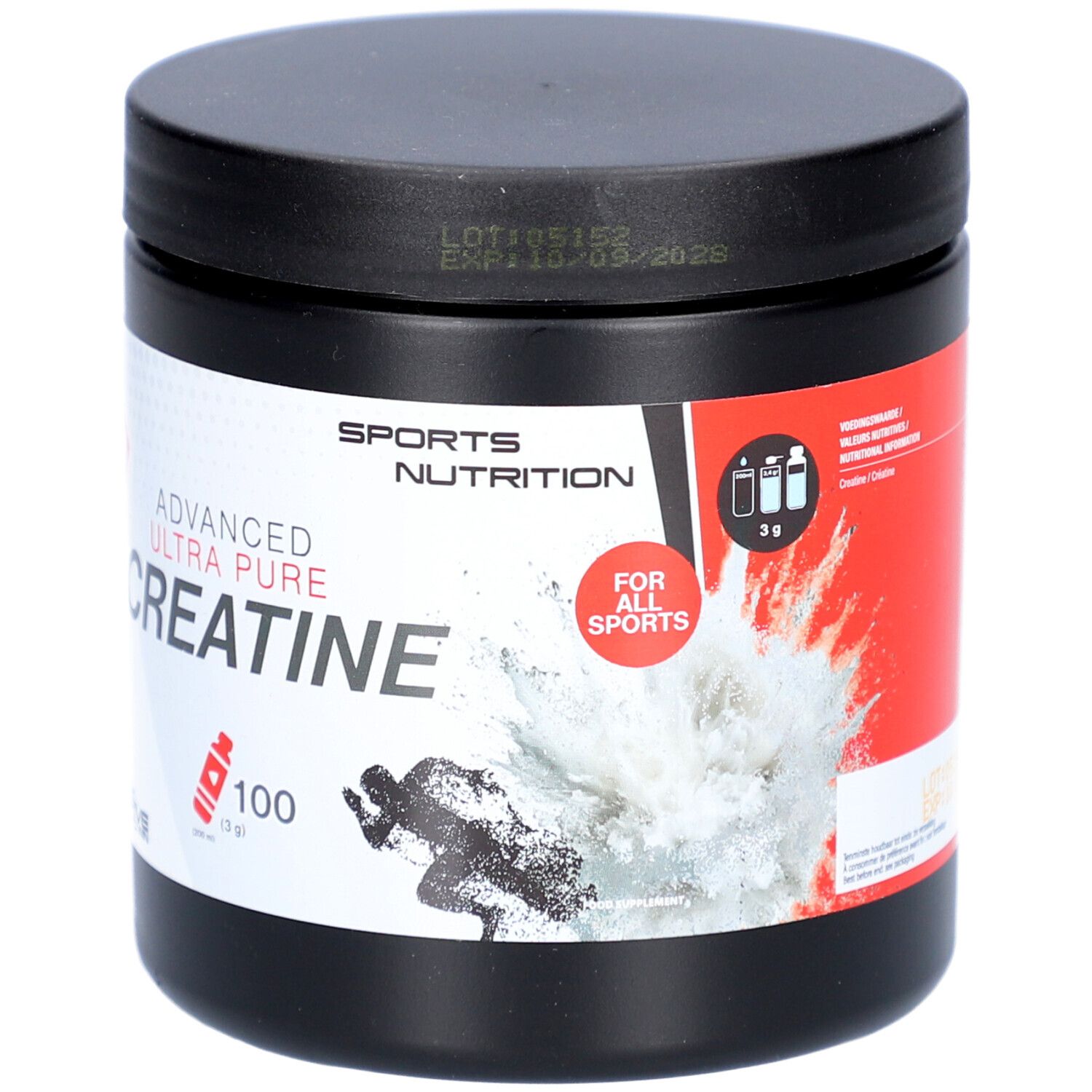 Pot noir avec couvercle. Inscription: Advanced Ultra Pure Creatine. Accent rouge. Sports Nutrition. 100g.