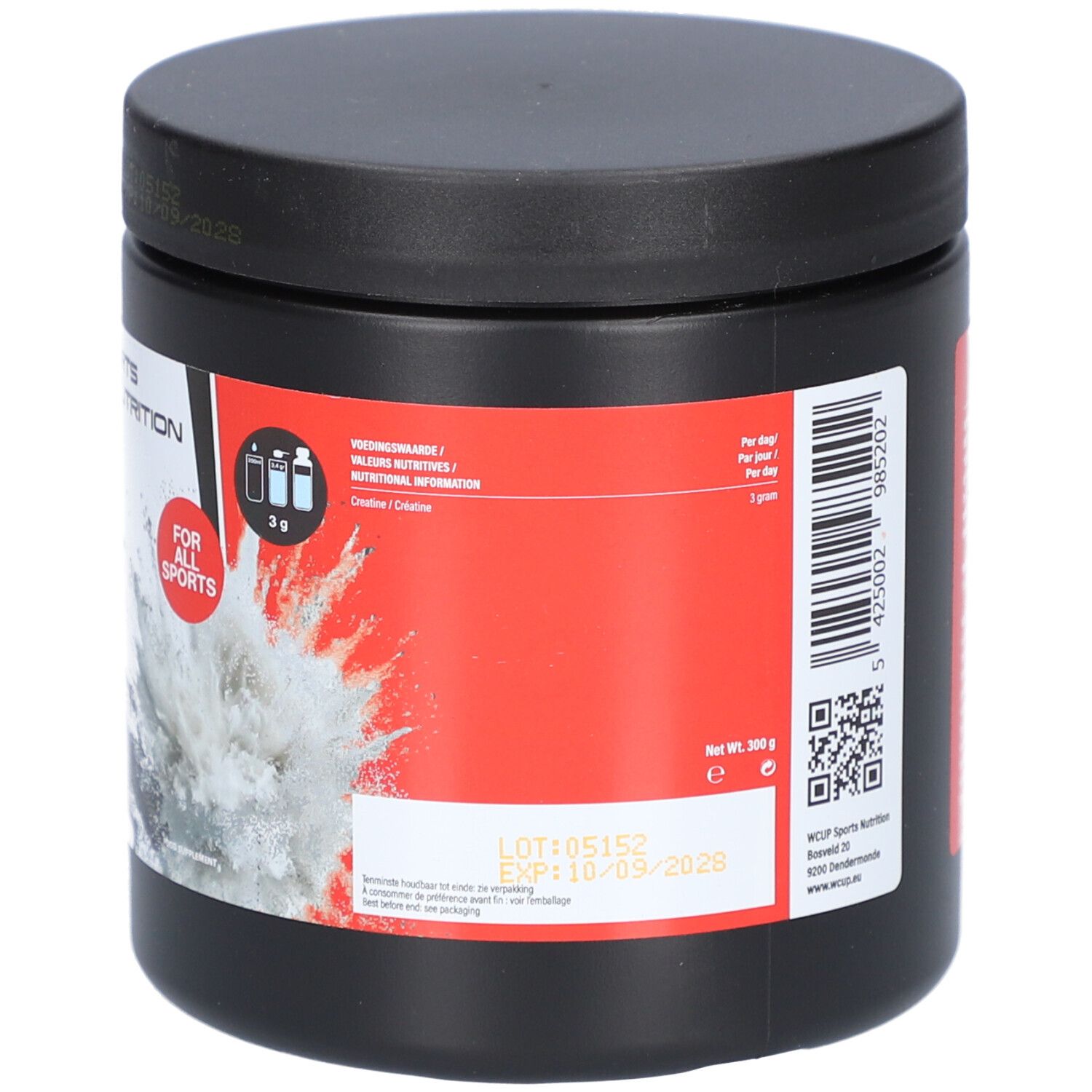 Pot noir avec couvercle. Accent rouge. Code-barres et QR code. Texte en anglais. Wcup Sports Nutrition. 300g.