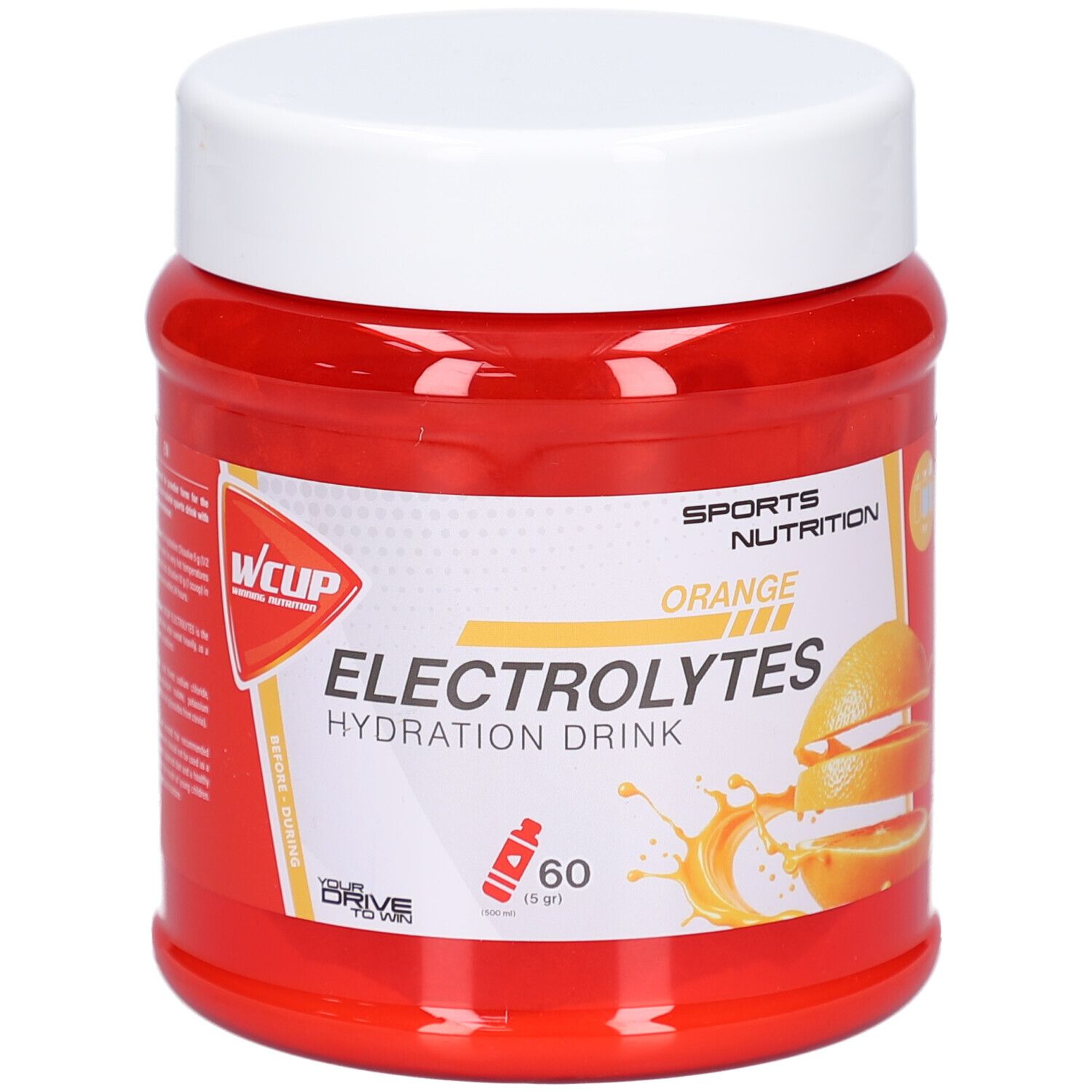 Pot rouge avec couvercle blanc. Inscription : Wcup, Electrolytes Hydration Drink Orange. Illustration d'une orange.