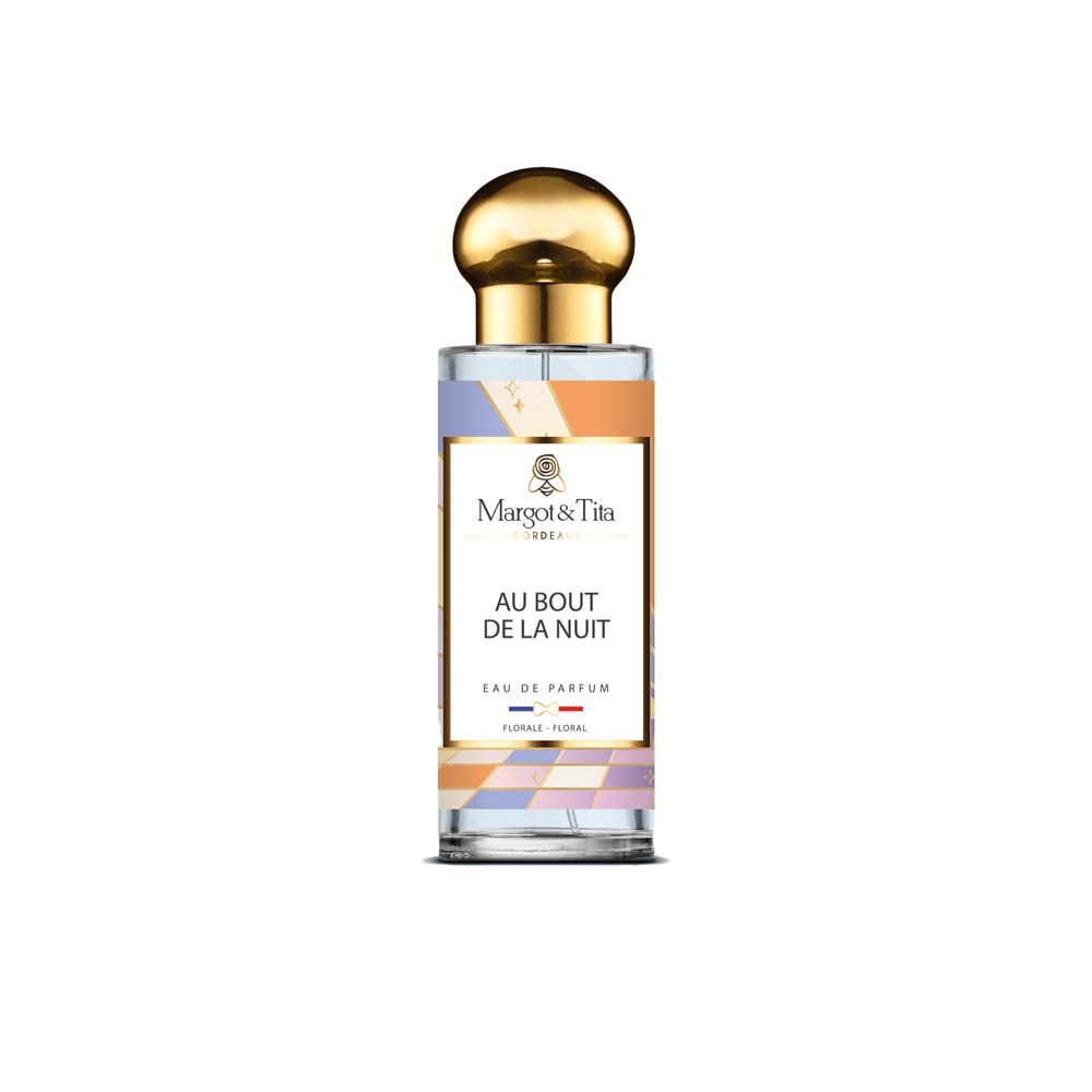 Flacon Margot & Tita Eau de Parfum avec bouchon doré et étiquette colorée.