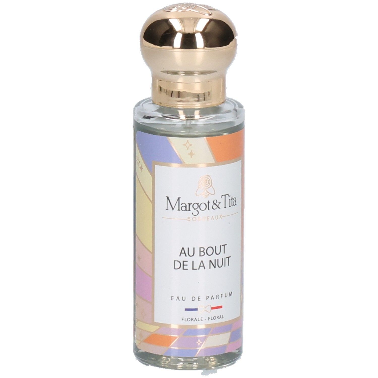 Flacon Margot & Tita Eau de Parfum avec bouchon doré et étiquette colorée.