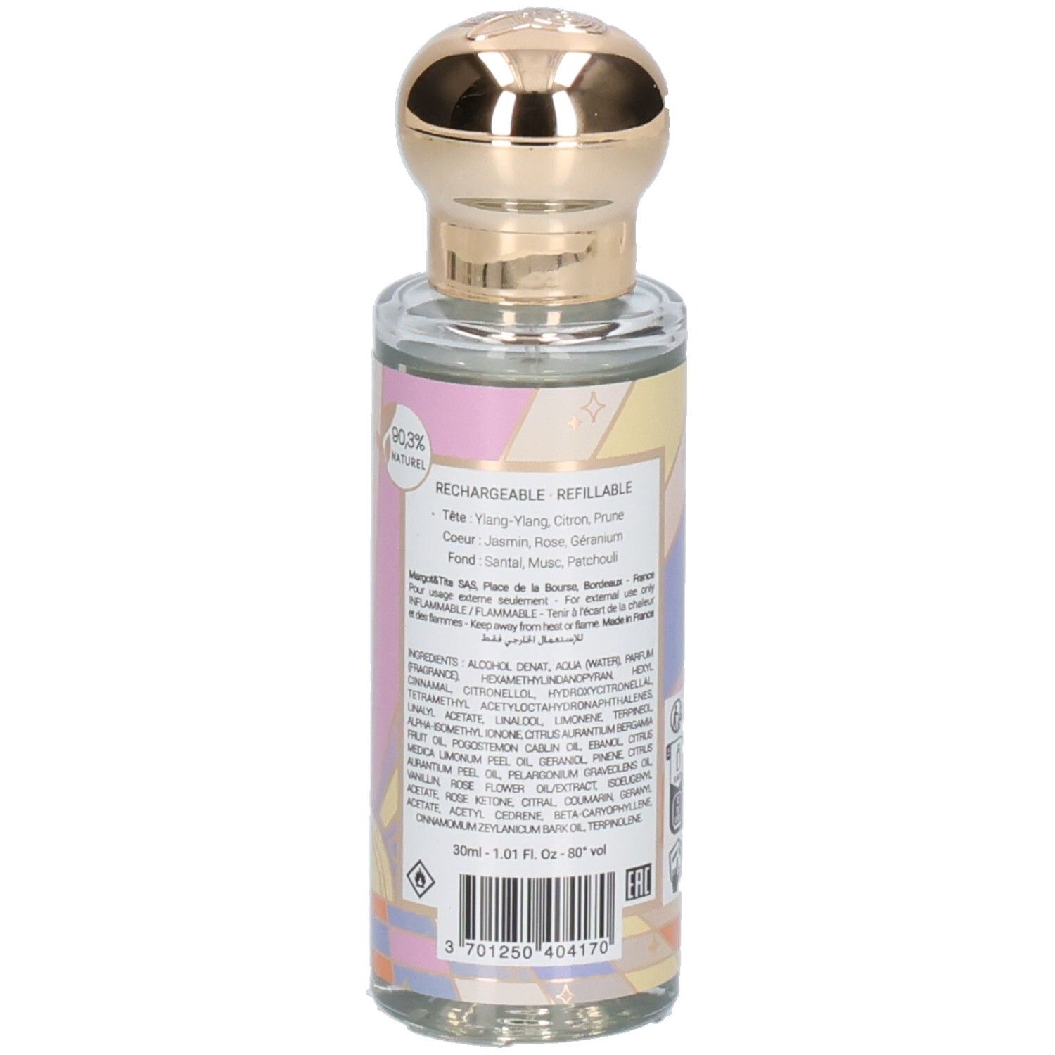 Vue détaillée de l'arrière d'un flacon Margot & Tita Eau de Parfum avec informations produit.
