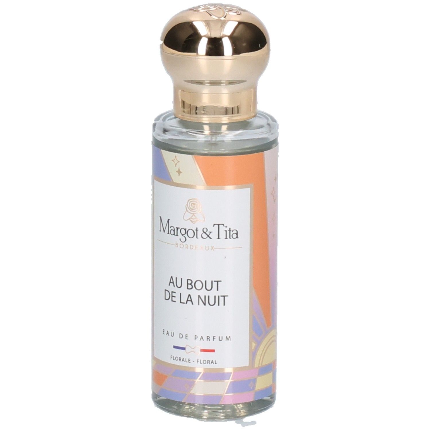 Flacon Margot & Tita Eau de Parfum avec bouchon doré et étiquette colorée.