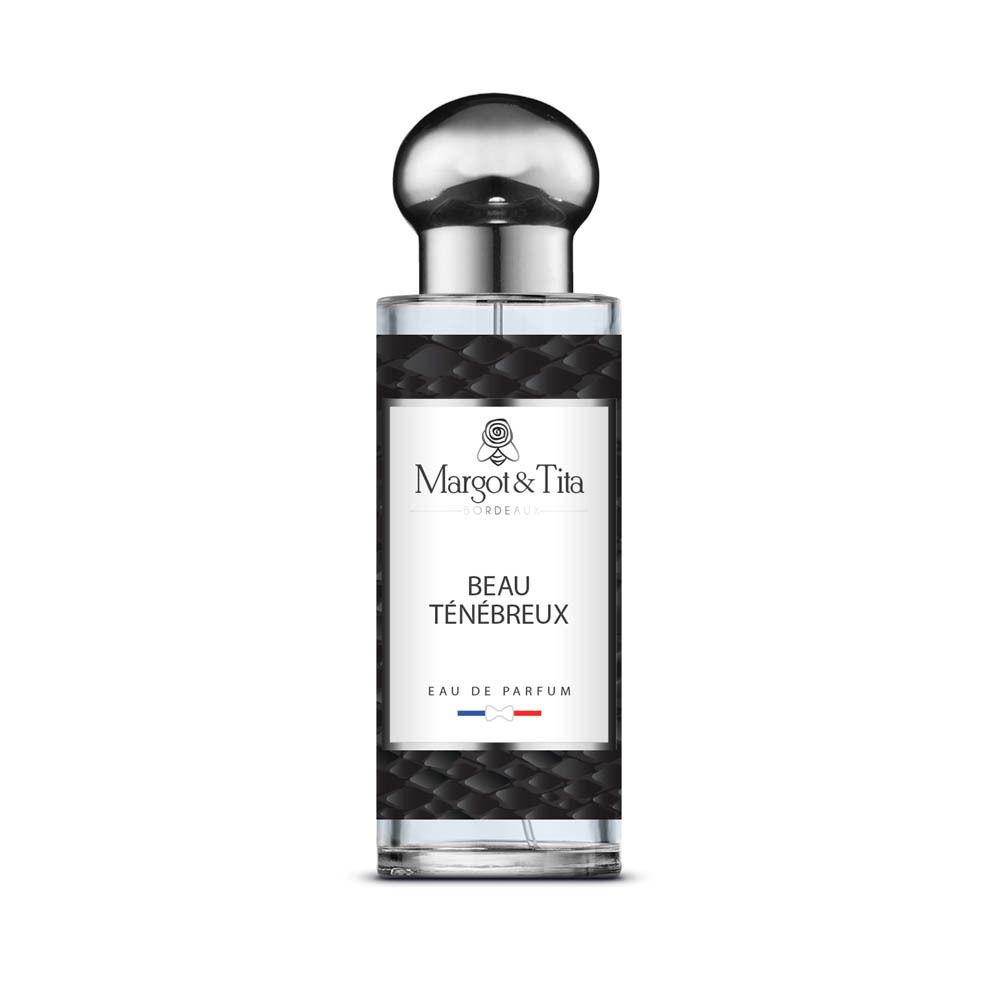 Margot & Tita Beau Ténébreux Eau de Parfum flacon avec bouchon argenté. Flacon noir texturé.