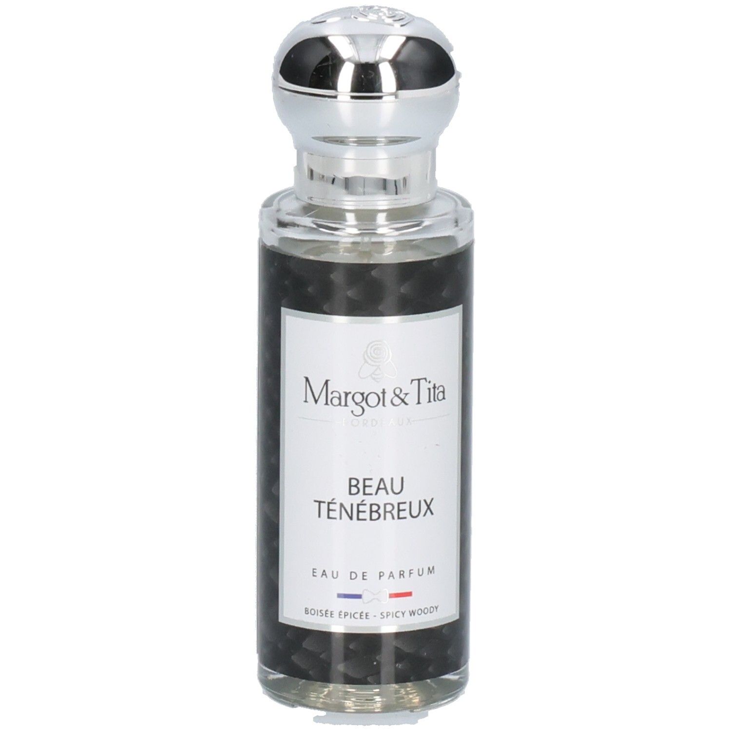Margot & Tita Beau Ténébreux Eau de Parfum flacon avec bouchon argenté. Flacon noir texturé.