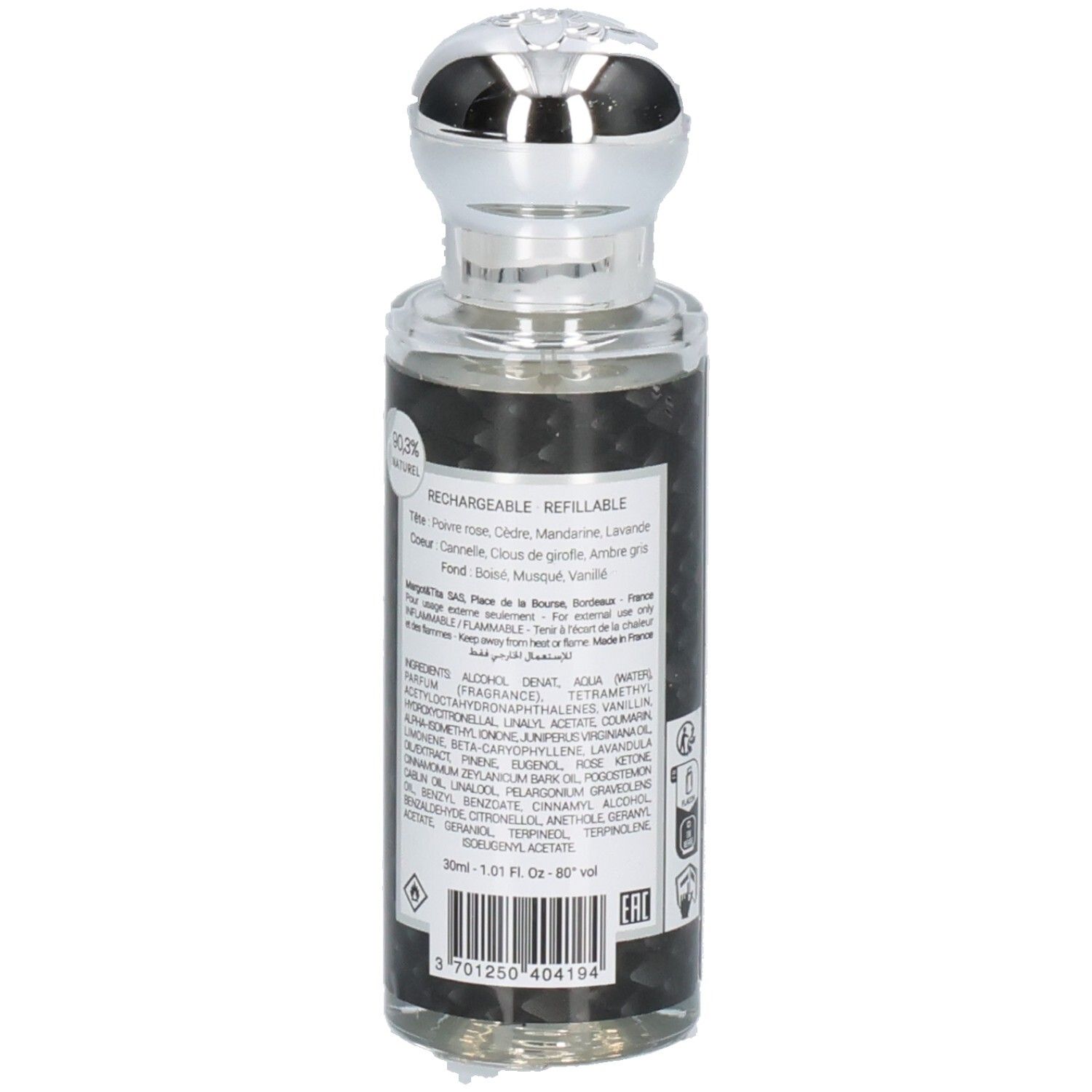 Margot & Tita Beau Ténébreux Eau de Parfum flacon, vue latérale avec ingrédients et volume (30ml).