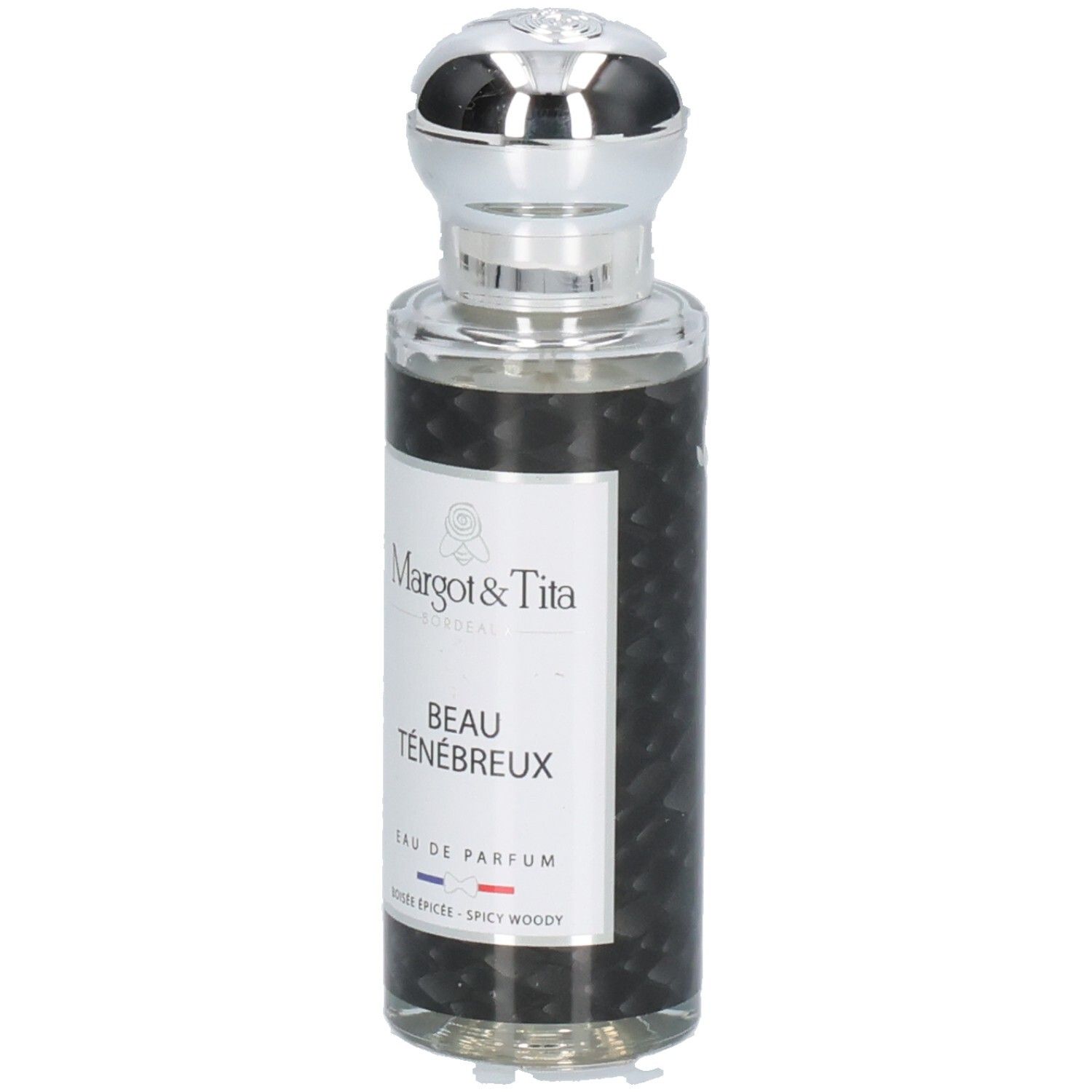 Margot & Tita Beau Ténébreux Eau de Parfum flacon avec bouchon argenté. Flacon noir texturé.