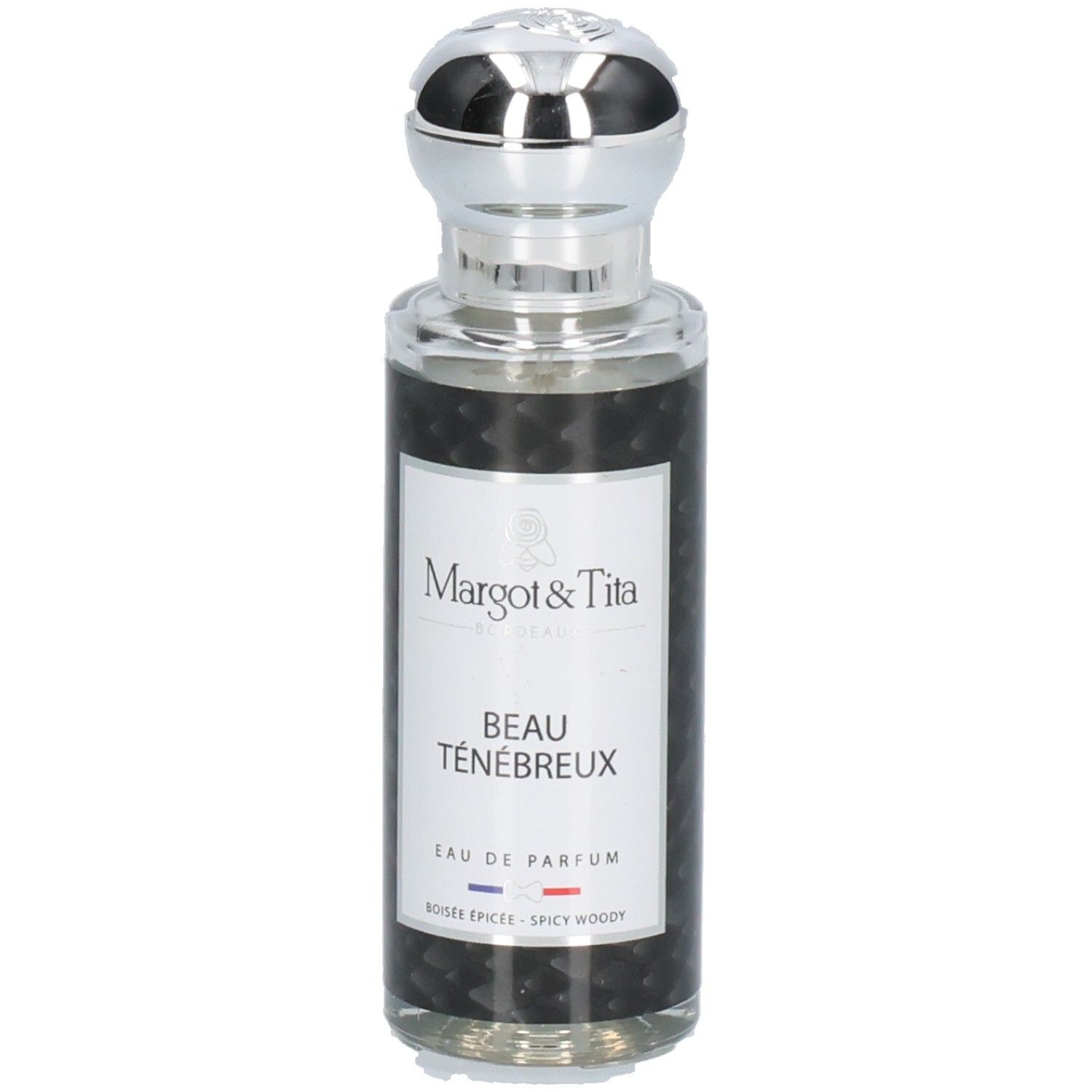 Margot & Tita Beau Ténébreux Eau de Parfum flacon avec bouchon argenté. Flacon noir texturé.