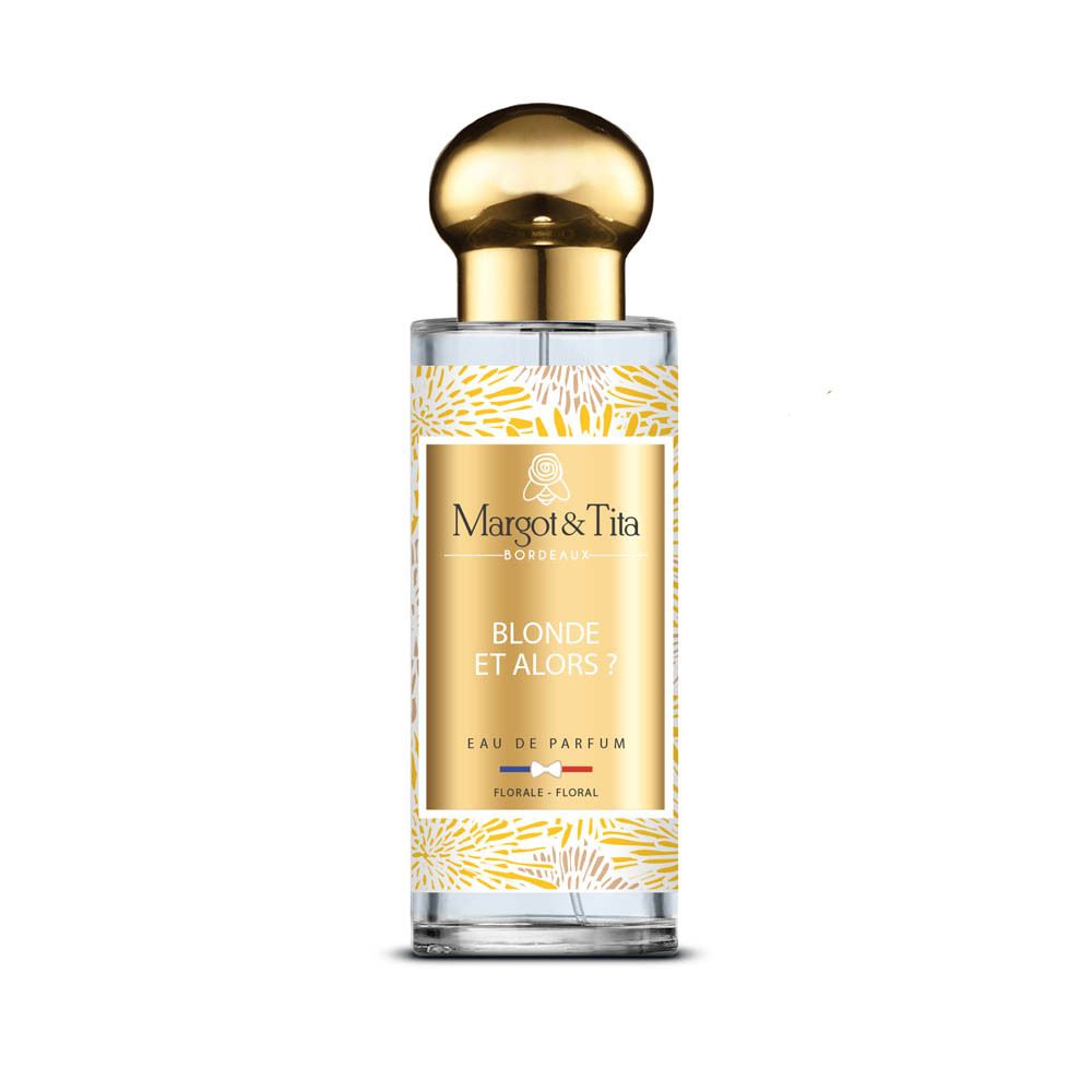 Bouteille de parfum Margot & Tita avec bouchon doré et motif floral.