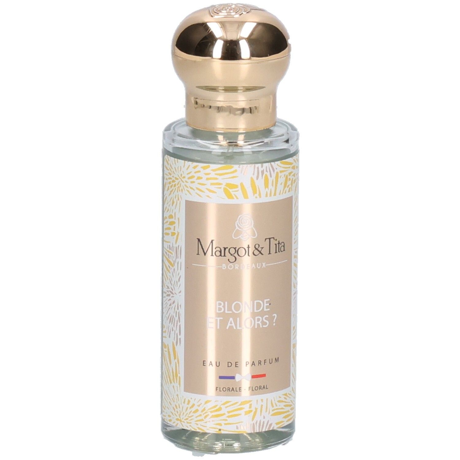 Bouteille de parfum Margot & Tita avec bouchon doré et motif floral.