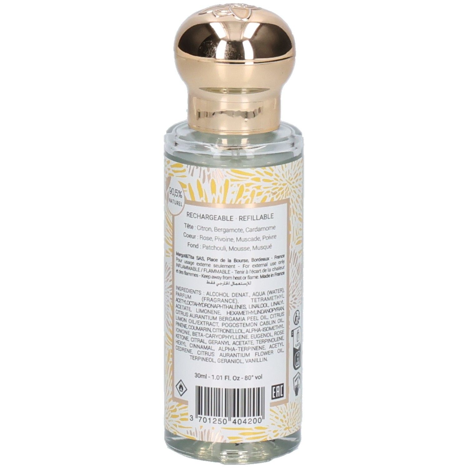 Bouteille de parfum Margot & Tita, 30ml, avec ingrédients et code-barres.