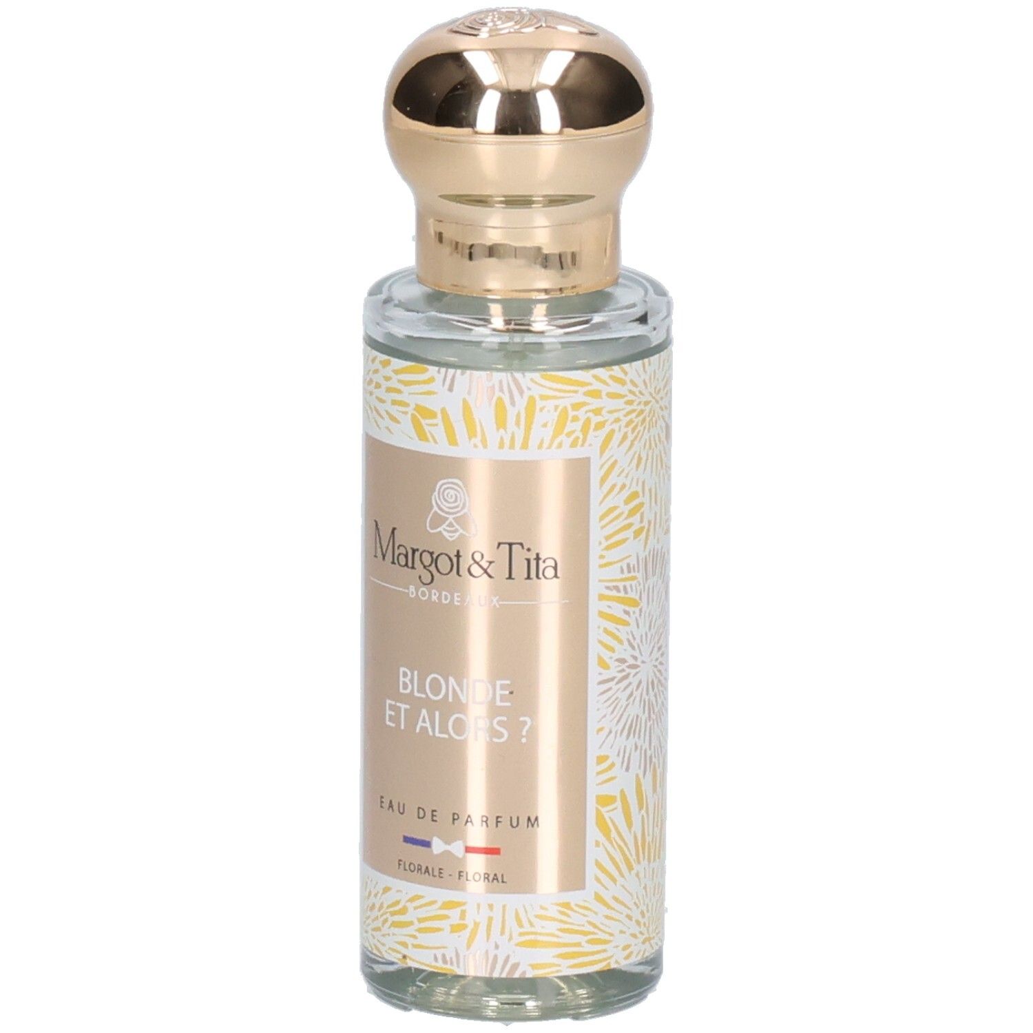 Bouteille de parfum Margot & Tita avec bouchon doré et motif floral.