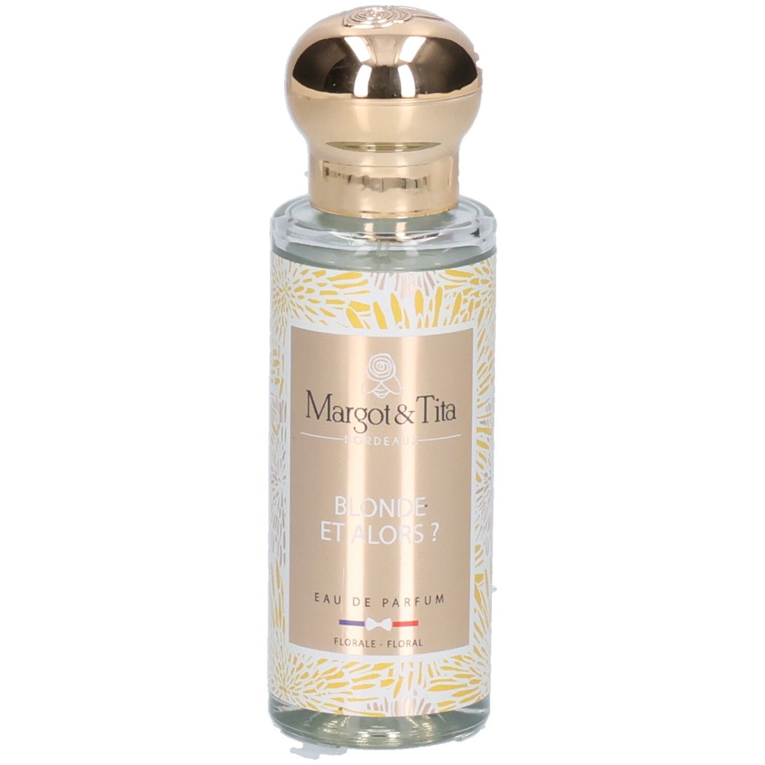 Bouteille de parfum Margot & Tita avec bouchon doré et motif floral.