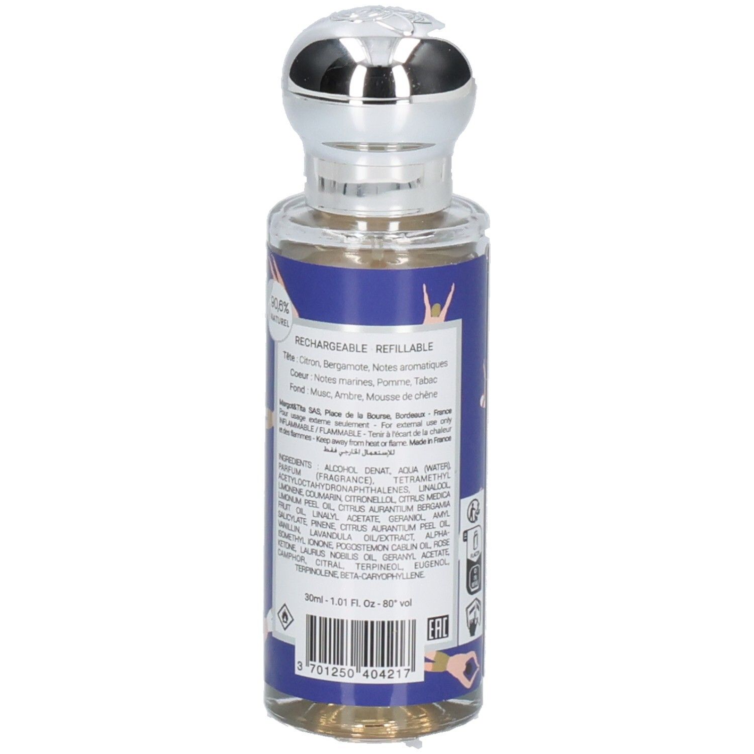 Vue latérale d'un flacon de parfum Margot & Tita avec indication de recharge et ingrédients.