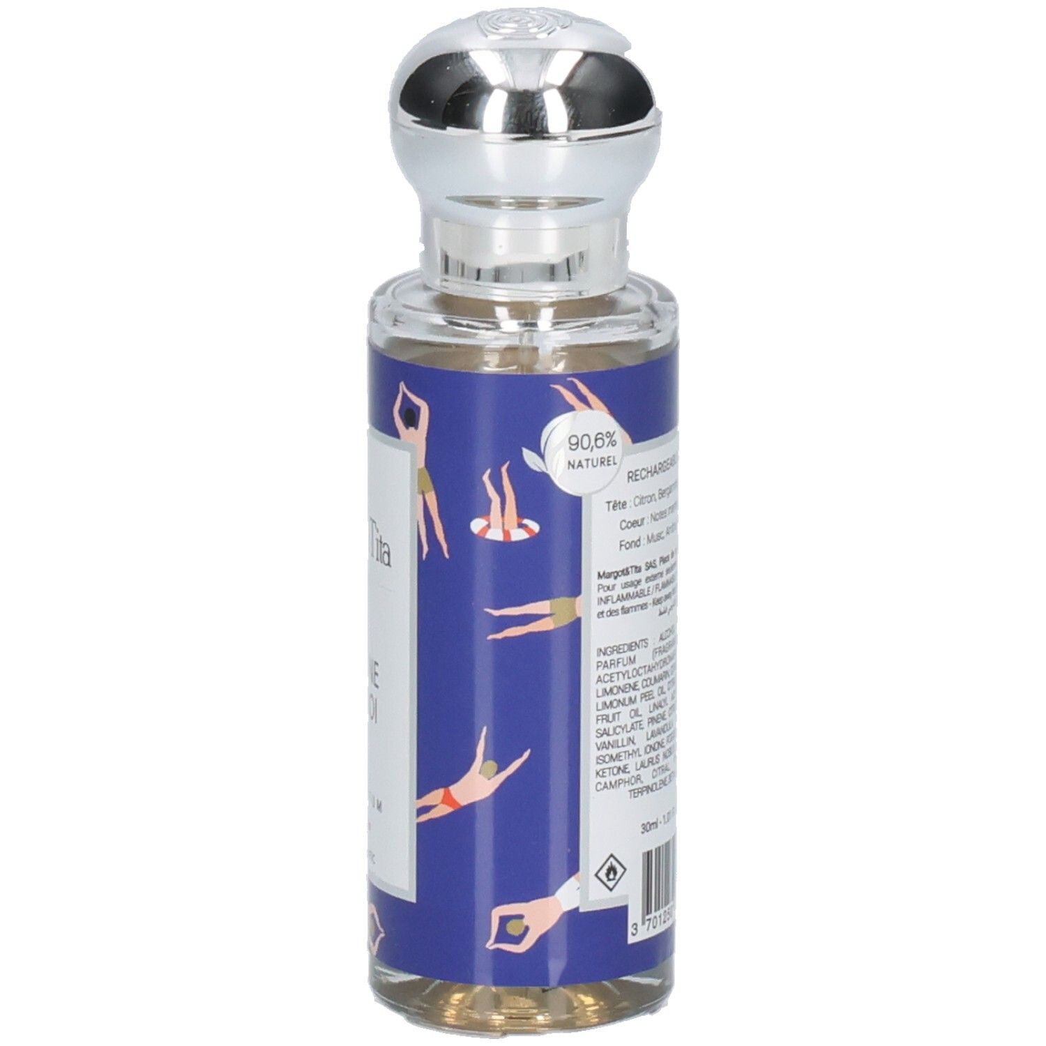 Flacon de parfum Margot & Tita, bouchon argenté, étiquette avec indications sur le naturel.