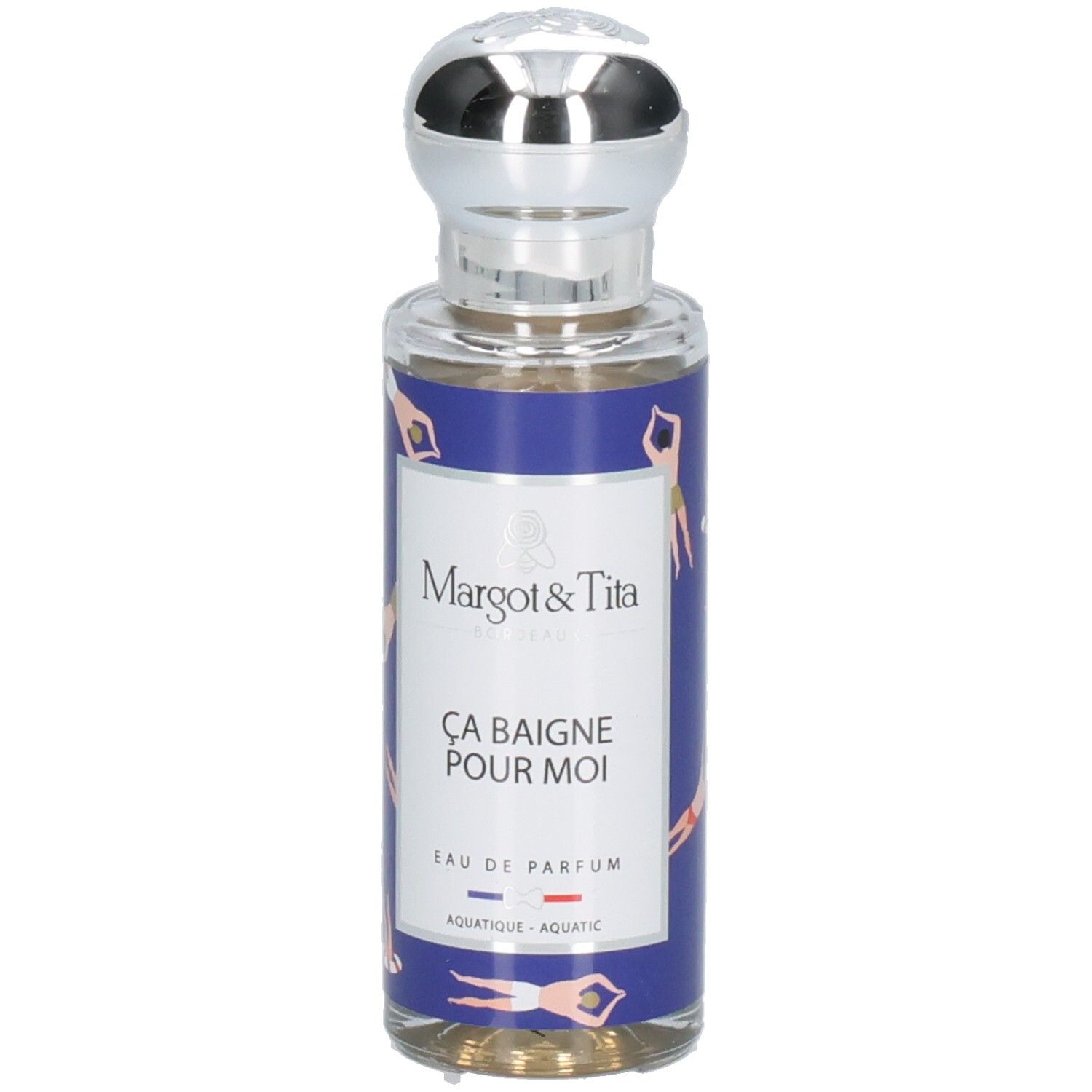 Flacon de parfum Margot & Tita, bouchon argenté, étiquette bleue avec motif de nageurs.