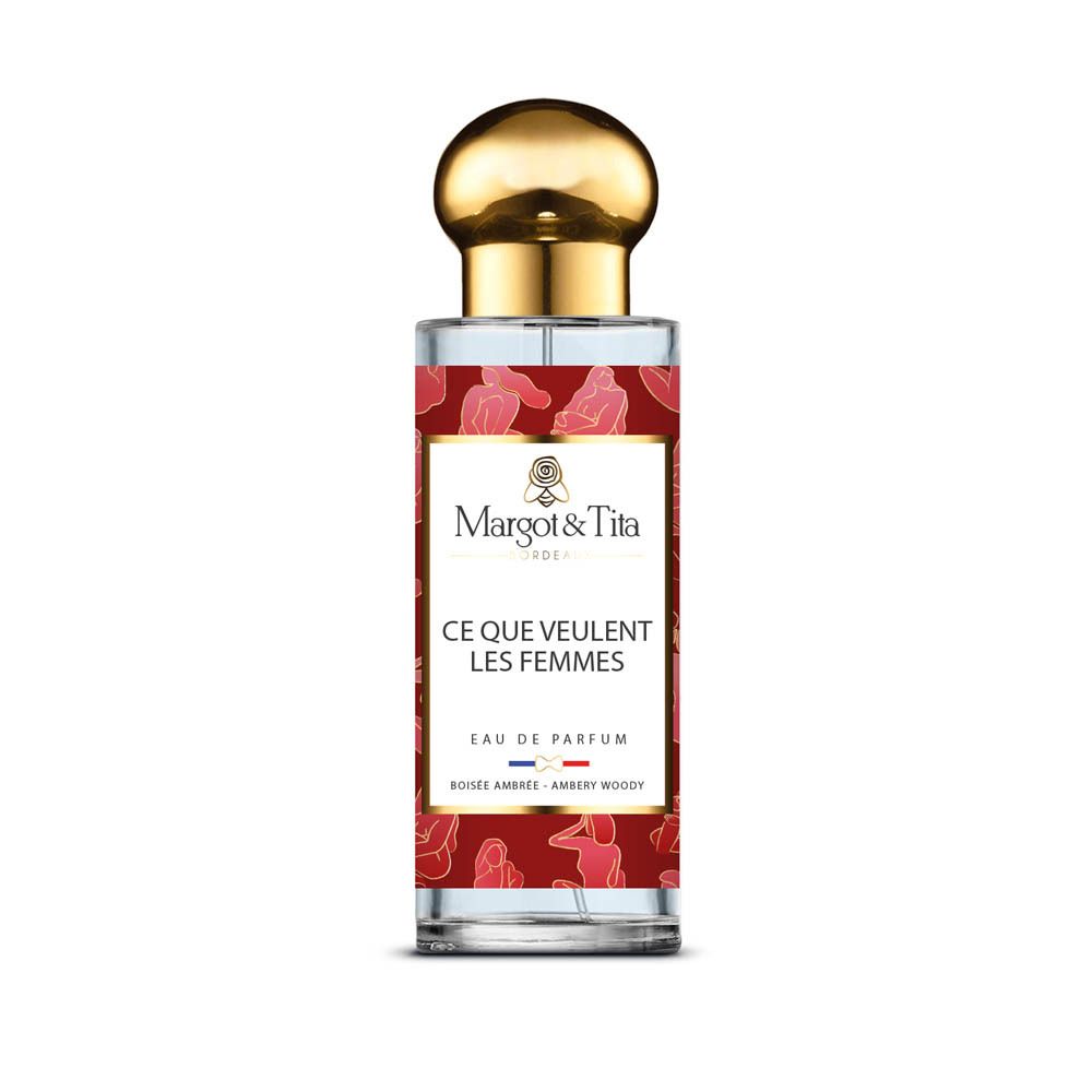 Flacon de parfum avec bouchon doré. Inscription: Margot & Tita, Ce Que Veulent Les Femmes. Fond rouge avec figures féminines.