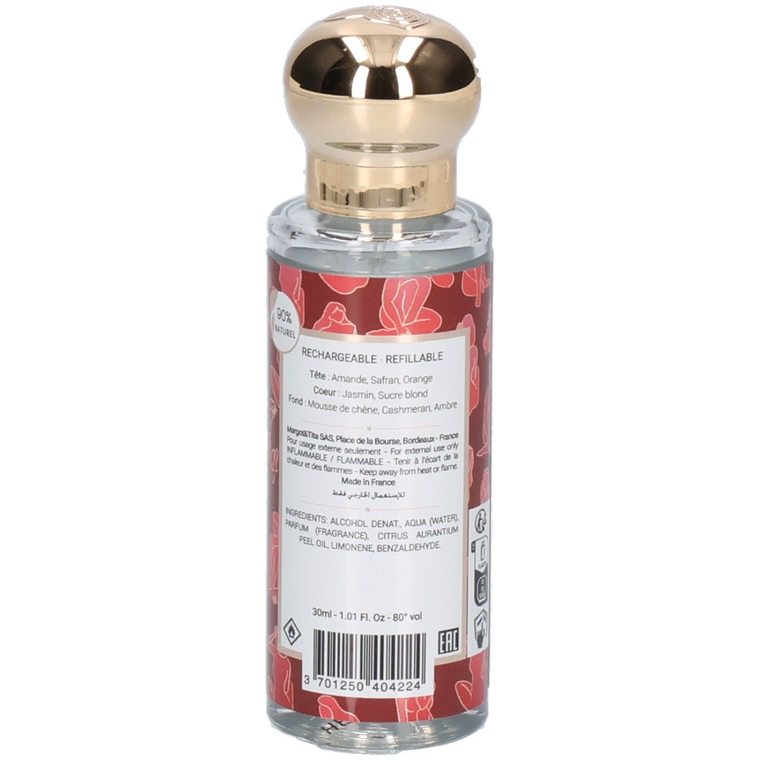 Flacon de parfum avec bouchon doré. Inscription: Margot & Tita, Ce Que Veulent Les Femmes. Fond rouge avec figures féminines.