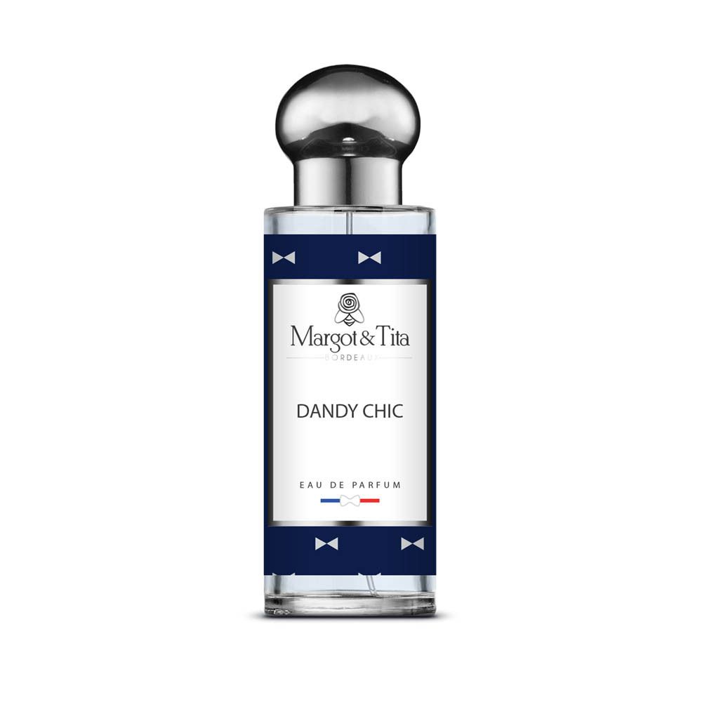Flacon Margot & Tita Dandy Chic Eau de Parfum avec bouchon argenté et étiquette bleu marine à nœuds.