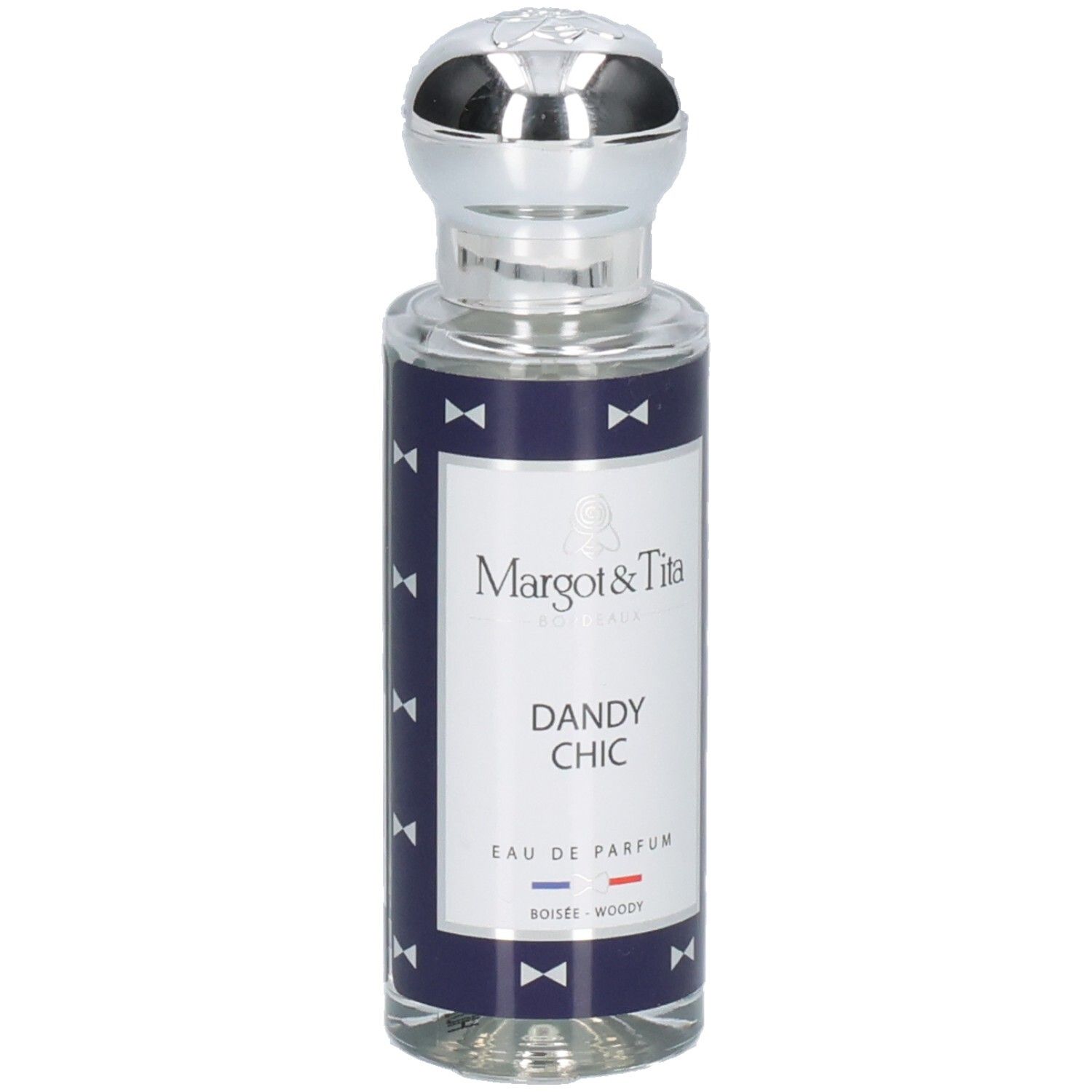 Flacon Margot & Tita Dandy Chic Eau de Parfum avec bouchon argenté et étiquette bleu marine à nœuds.