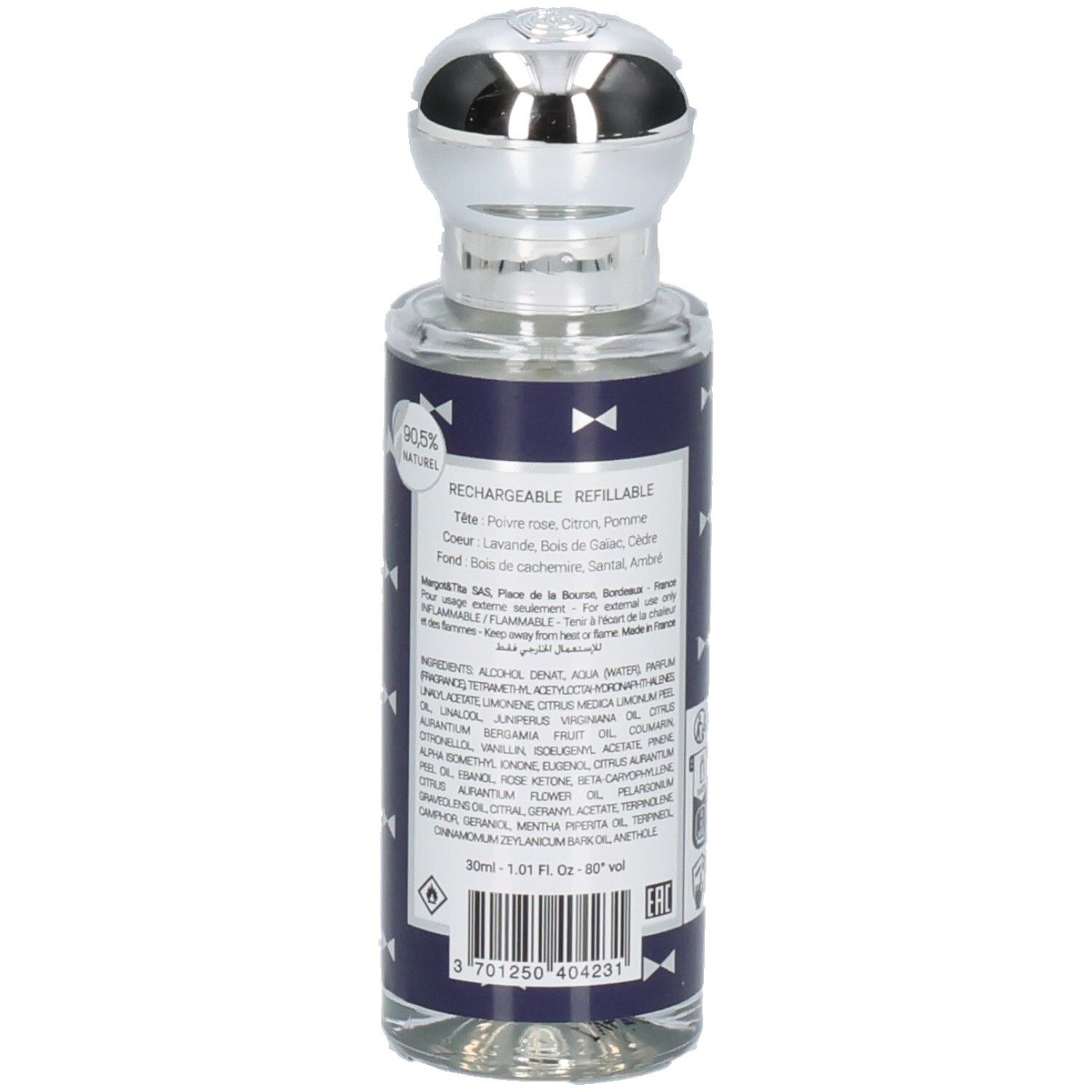 Arrière d'un flacon Margot & Tita Dandy Chic Eau de Parfum avec informations produit et code-barres.