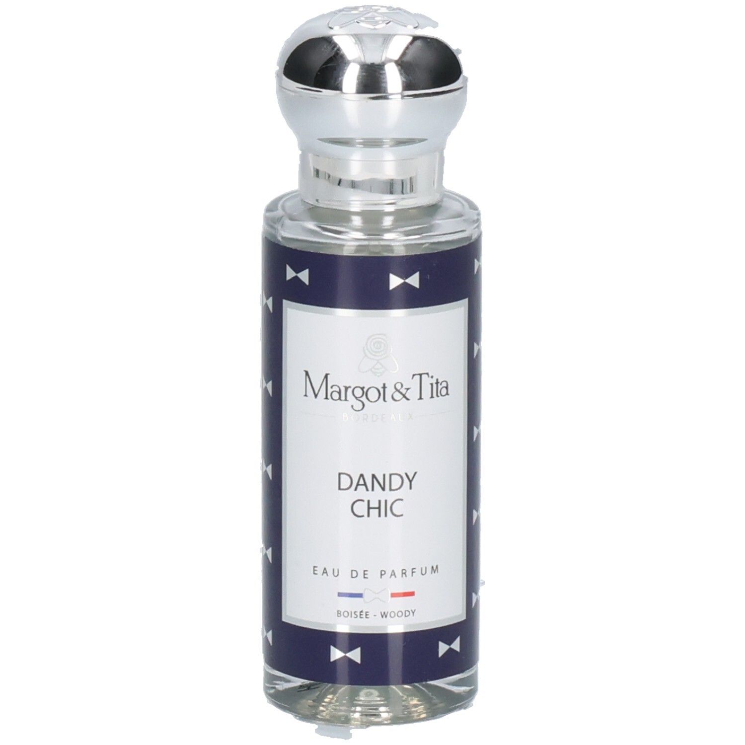 Flacon Margot & Tita Dandy Chic Eau de Parfum avec bouchon argenté et étiquette bleu marine à nœuds.